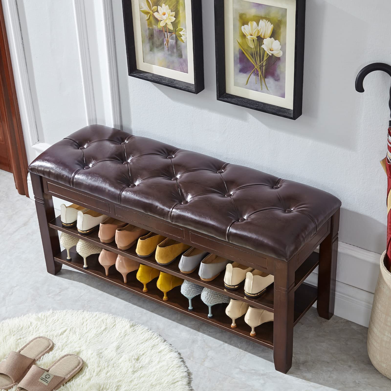 LEILISI 2-Tier Wooden Shoe Bench with Storage & Lift Top Cushion - 39.4