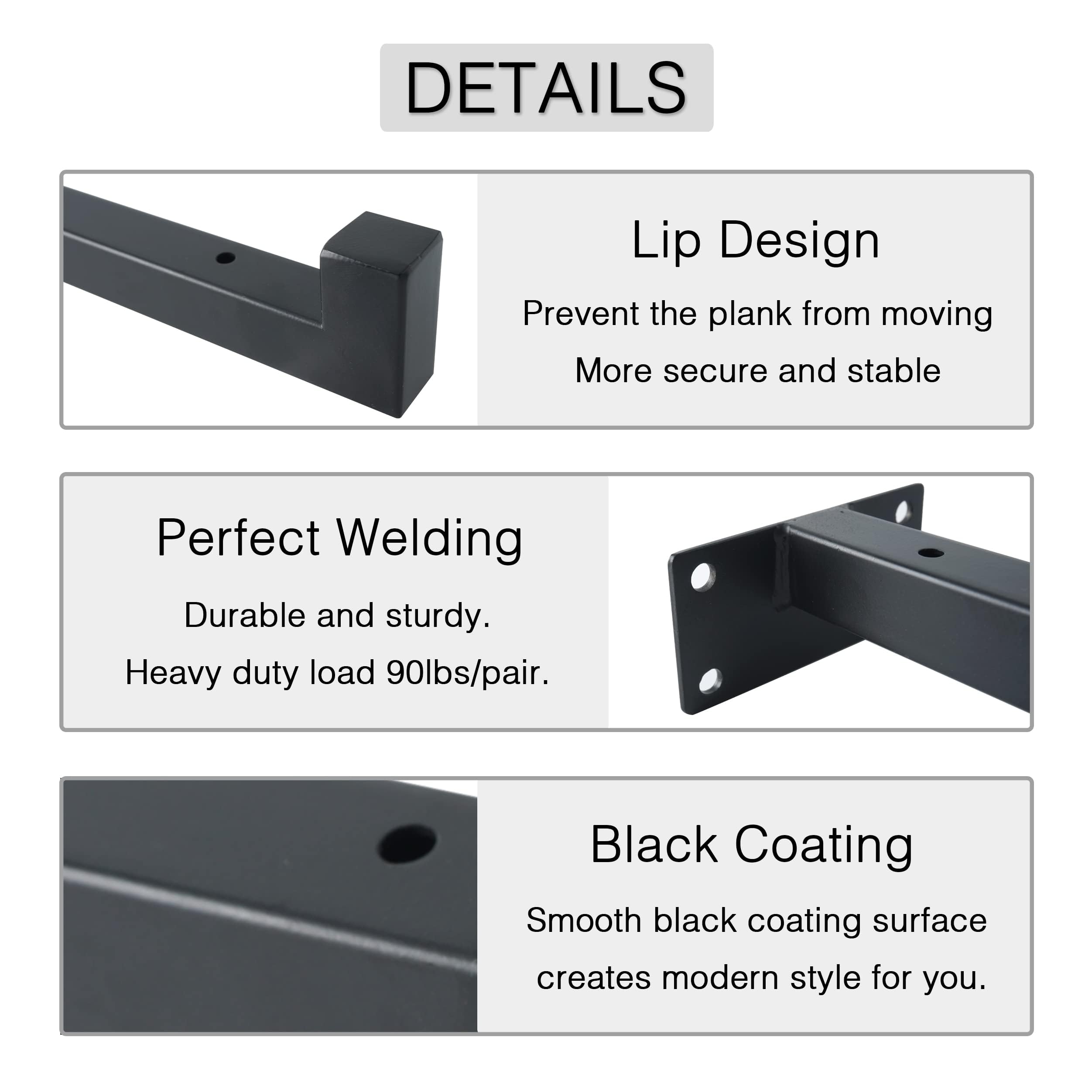OVOV 6 Pack 12 Inch Black Floating Shelf Brackets with Lip - Heavy Duty Industrial Metal Shelving Supports for Wall Mounted Shelves - Includes Screws - Perfect for Kitchen, Bathroom, Garage & Home Storage Organization