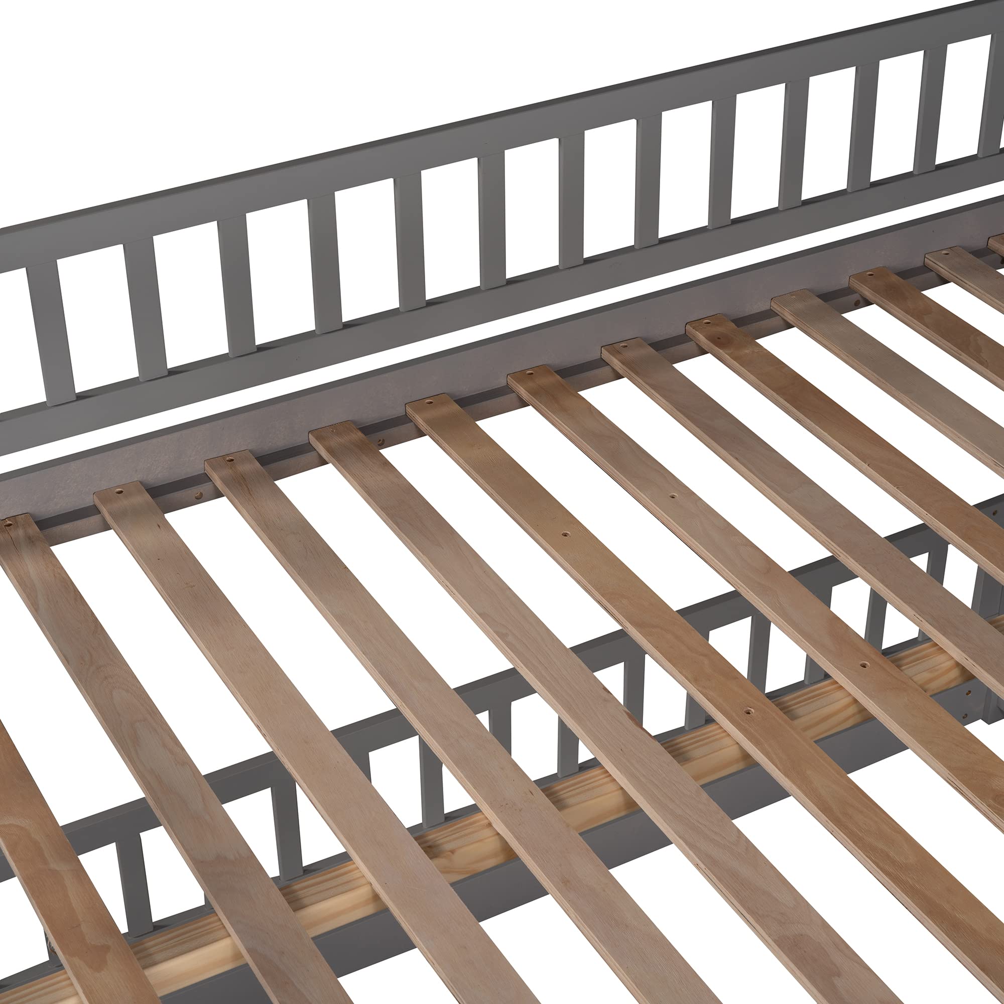Harper & Bright Designs Full Over Full Low Kids Bunk Bed with Slide - Wooden Bunk Bed Frame with Safety Guardrail, Ladder & Fun Small Door for Toddlers, Kids & Teens - Perfect for Small Bedrooms, Playrooms & Sleepovers (Grey)