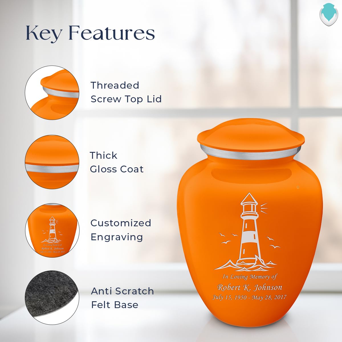 Personalized Lighthouse Cremation Urn for Human Ashes - Large Burnt Orange Funeral Urn for Adults with Double Side Engraving (Holds 200 lbs) - Perfect for Memorial Services, Home Display & Honoring Loved Ones