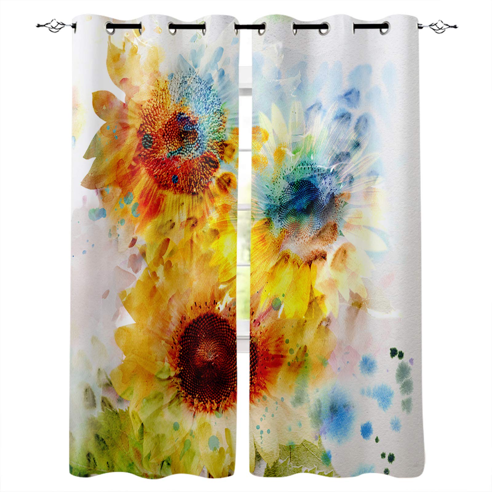 Blackout Curtains for Bedroom - Thermal Insulated Room Darkening Drapes with Abstract Watercolor Sunflower Design, Grommet Top Window Curtains Set of 2 Panels 104x52 Inches - Perfect for Bedroom, Living Room & Patio Door