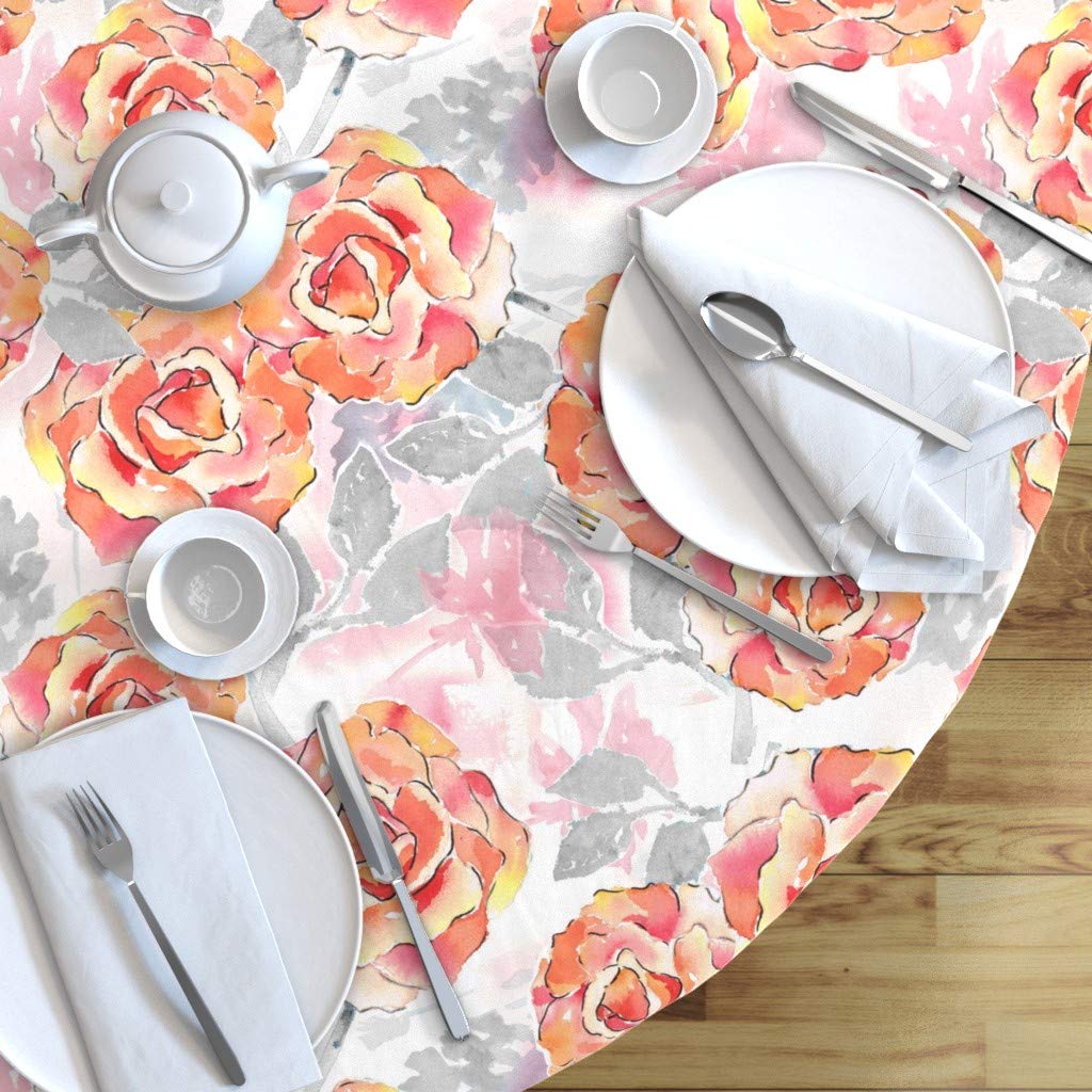 Texas Midcentury Modern Big Roses Floral Watercolor Cotton Sateen Tablecloth - 90 Inch Round Table Cover in Pink, Orange & Gray | Custom Printed Table Linens for Dining Room, Kitchen & Outdoor Parties