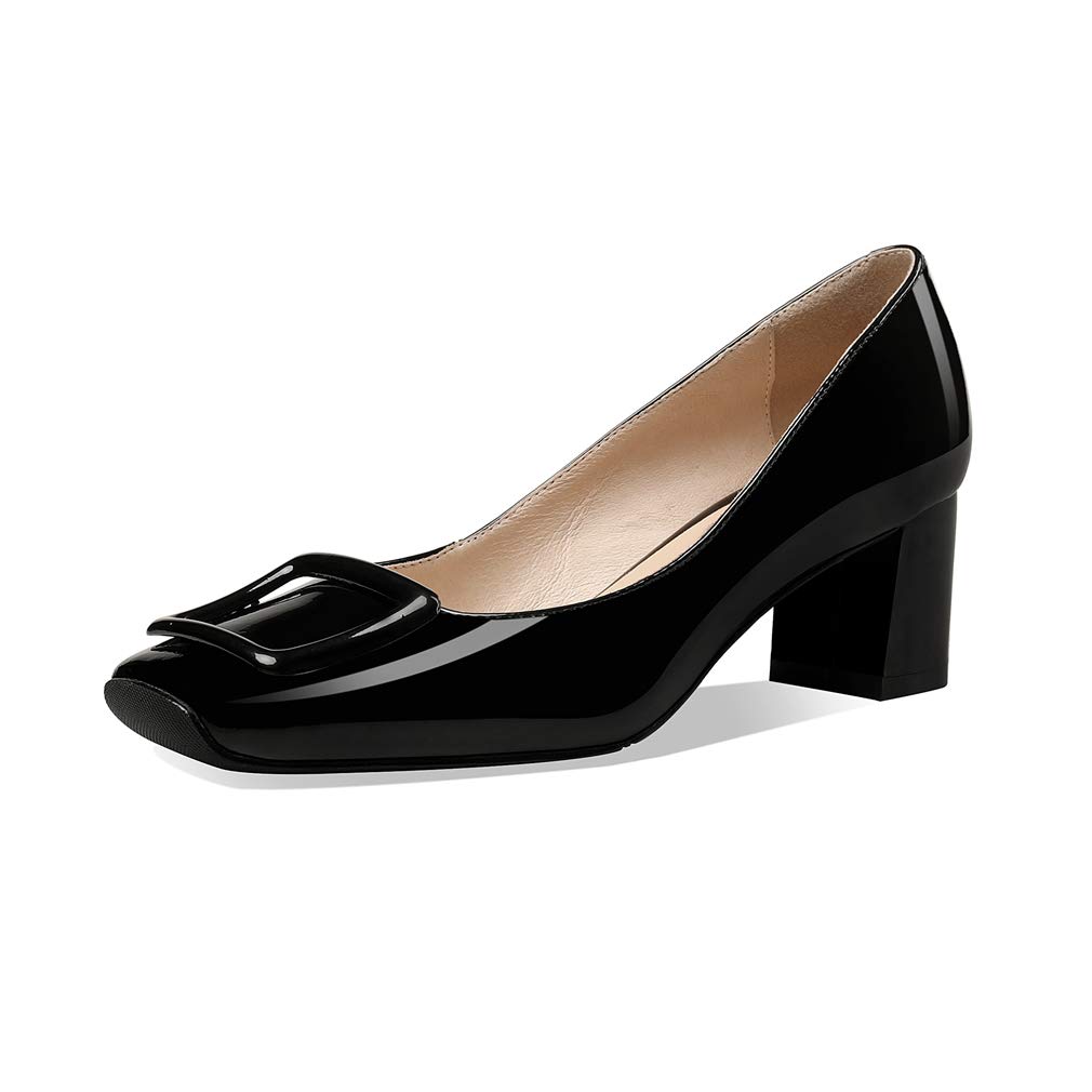 TinaCus Women's Glossy Patent Leather Square Toe Slip-On Pumps - Handmade Chunky Mid Heel Comfortable Office Shoes with Square Pattern | Perfect for Work, Business Meetings & Formal Occasions