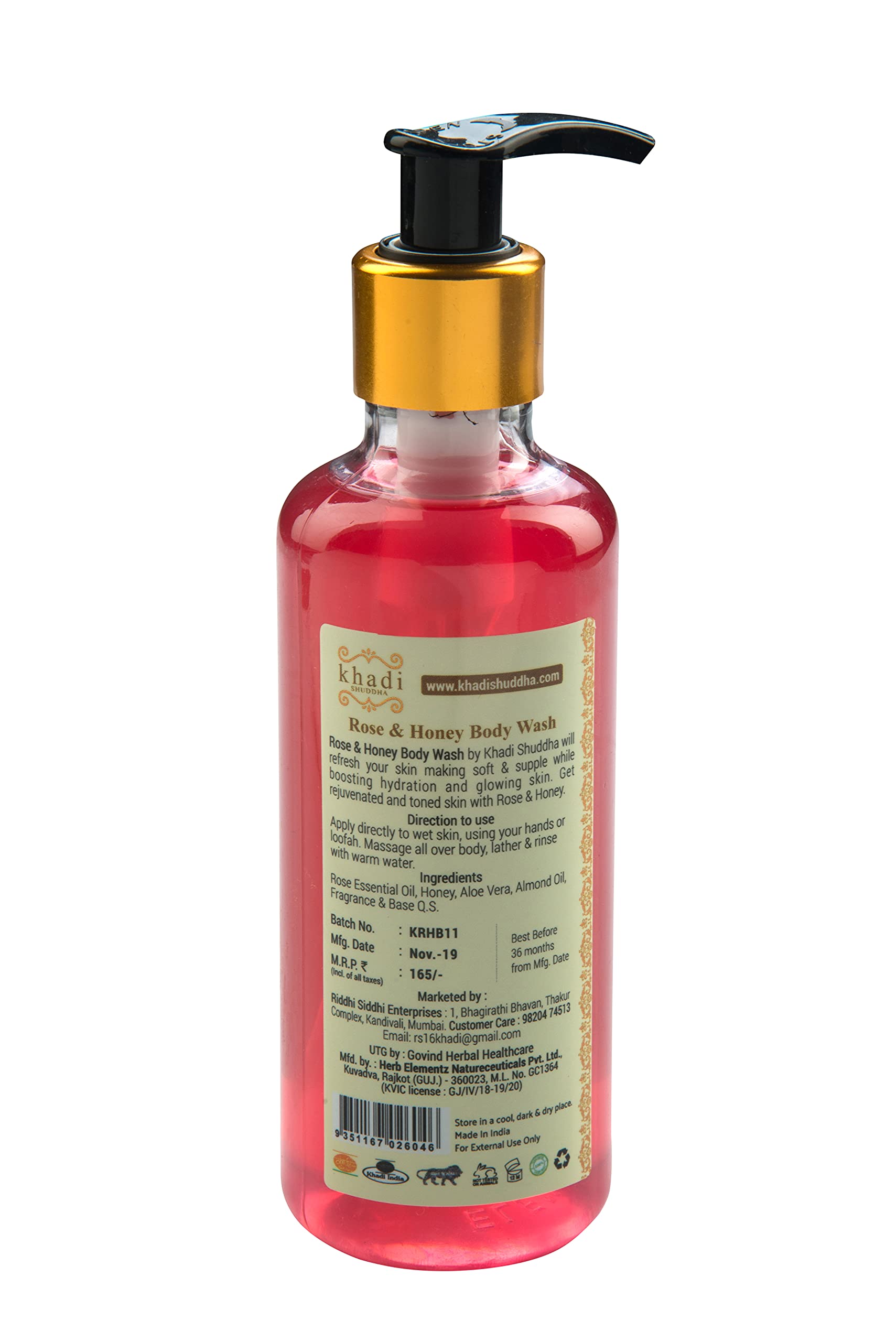 Khadi Shuddha Rose & Honey Natural Body Wash 210ml - Sulfate Free, Paraben Free, Vegan - Moisturizing & Nourishing for Dry Skin - Perfect for Daily Shower & Spa Relaxation