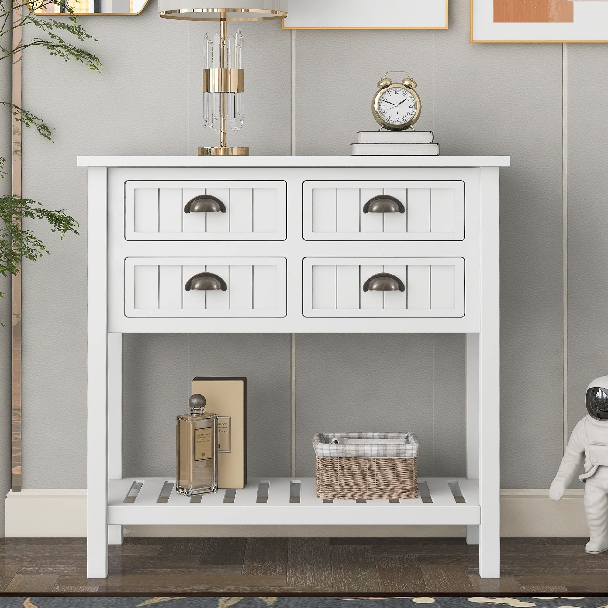 Retro Style Wooden Kitchen Sideboard with 4 Drawers & Bottom Shelf - White Buffet Cabinet Storage Console Table for Living Room, Entryway, Dining Room | Farmhouse Decor & Home Organization Solution