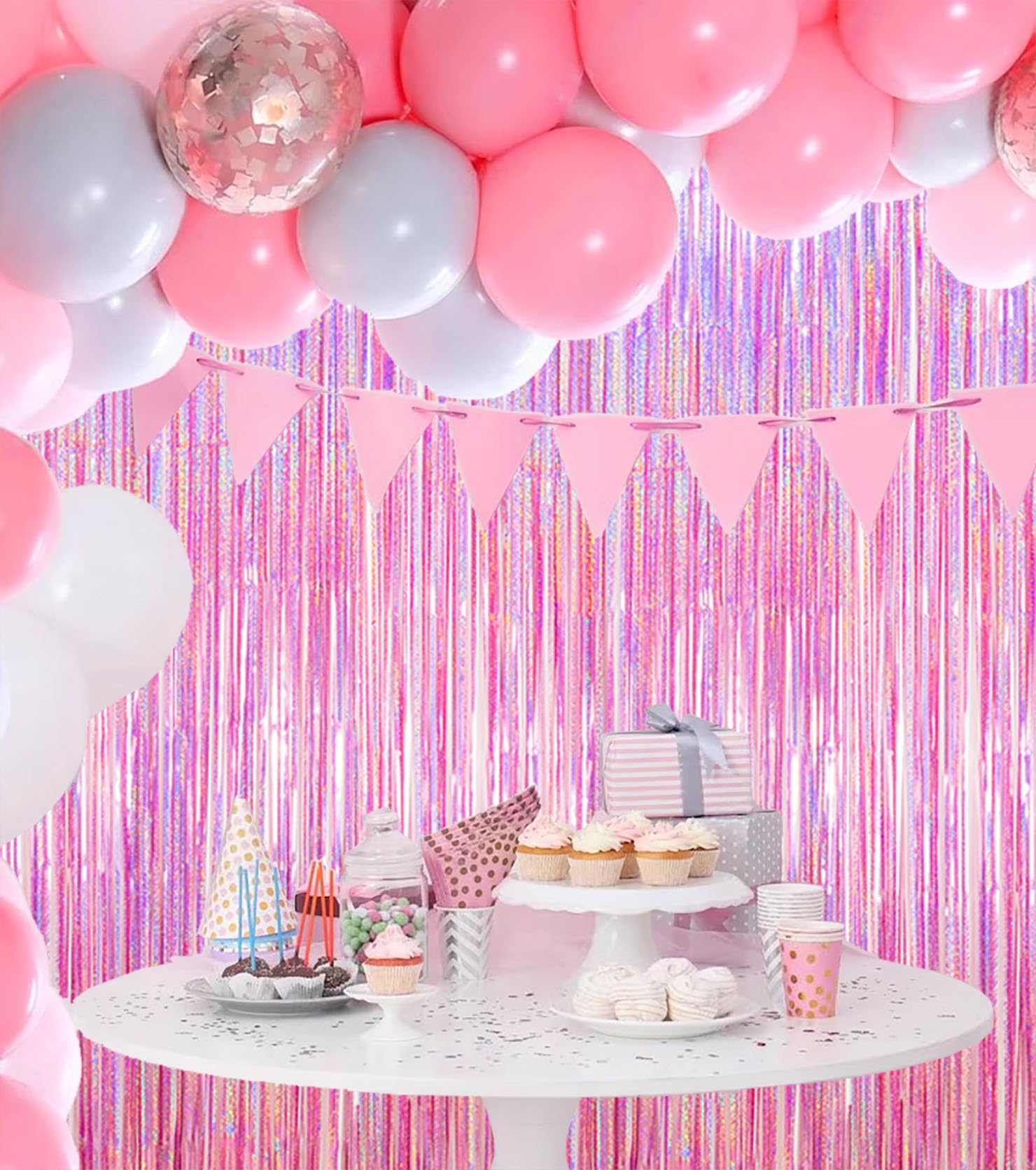 Glitter Pink Foil Fringe Curtain Party Backdrop – 2 Pack of 3.2x8.2 ft Metallic Tinsel Streamers for Princess, Hello Kitty, Wedding, Birthday & Bachelorette Party Decorations | Perfect for Photo Booths, Baby Showers & Bridal Showers