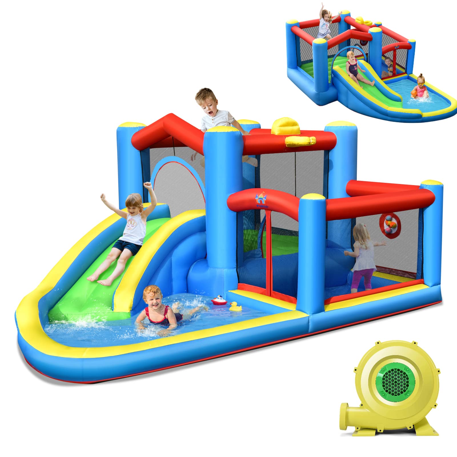 **HONEY JOY 6-in-1 Inflatable Water Slide for Kids & Adults - Giant Blow Up Bouncy Water Park with Target Ball & Climbing Wall - Outdoor Backyard Water Bounce House with 480W Blower - Perfect for Summer Parties, Birthdays & Family Fun**
