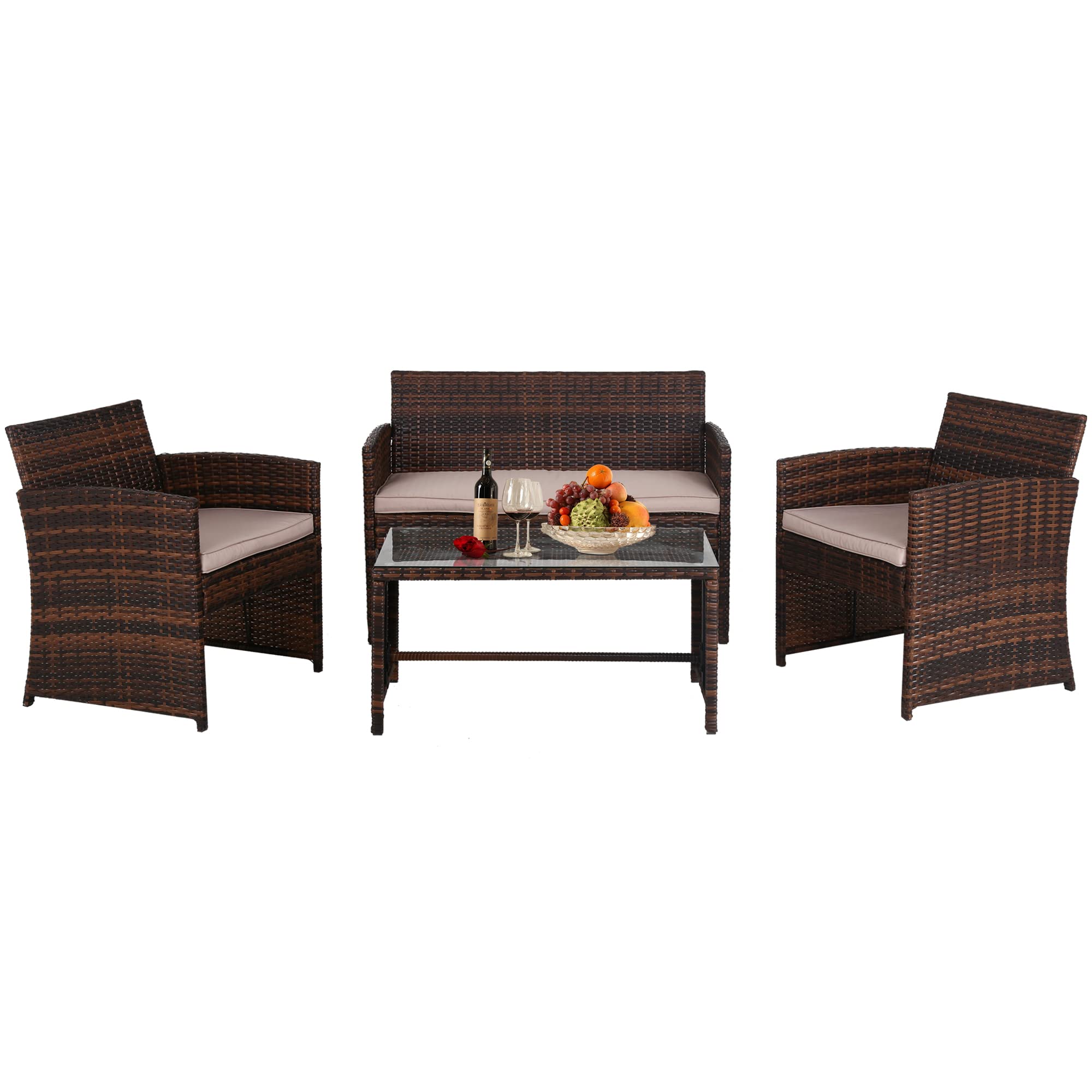4-Piece Outdoor Patio Furniture Set - Rattan Wicker Conversation Chairs with Beige Cushions for Poolside, Lawn, Porch, Balcony & Garden - Durable All-Weather Patio Seating Set for Relaxing & Entertaining Outdoors