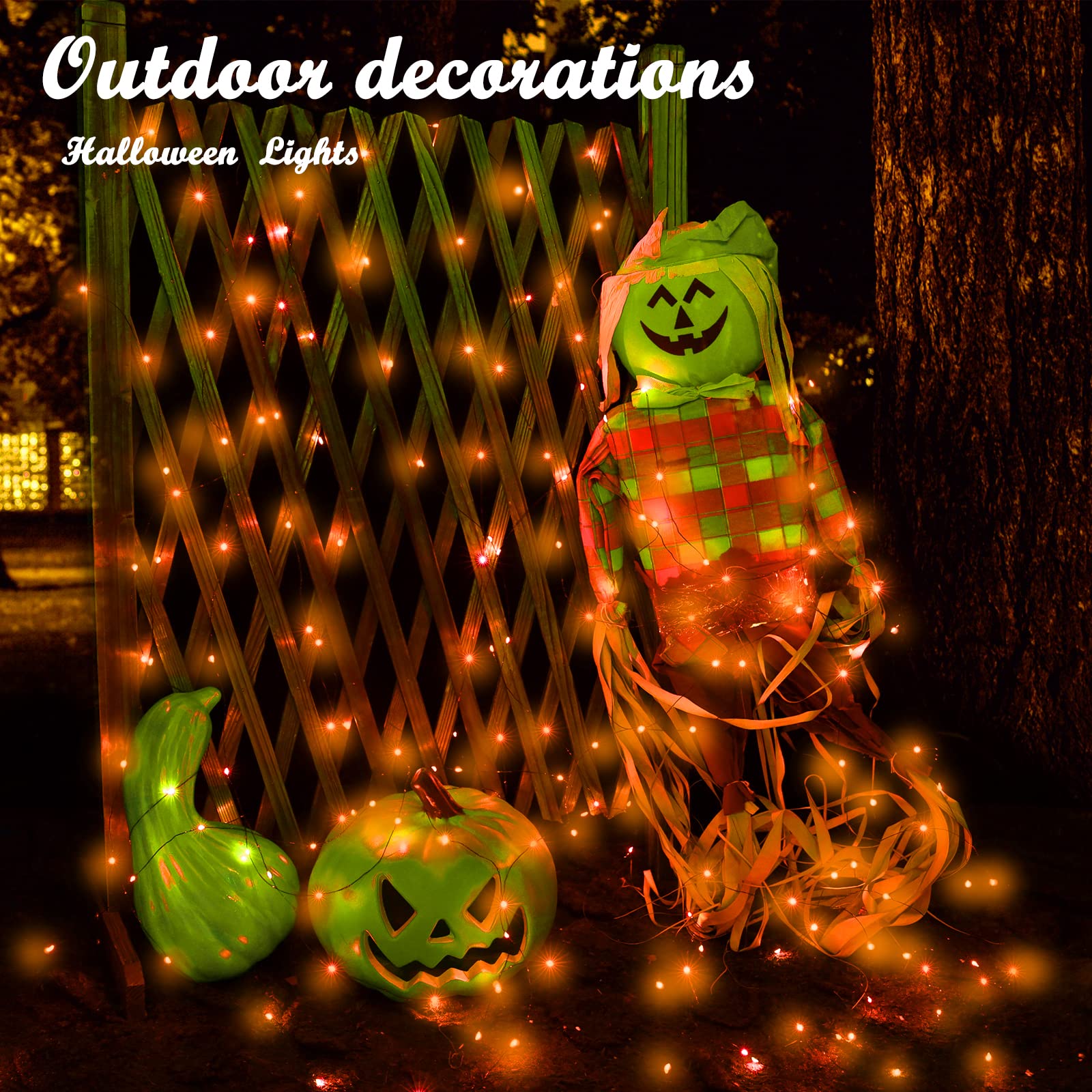 Lomotech 2 Pack 66ft 200LED Solar Halloween Lights - Waterproof Orange Fairy String Lights with 8 Modes & Twinkle Effect, Black Wire for Outdoor Halloween Party, Yard, Garden, Porch, and DIY Home Decorations