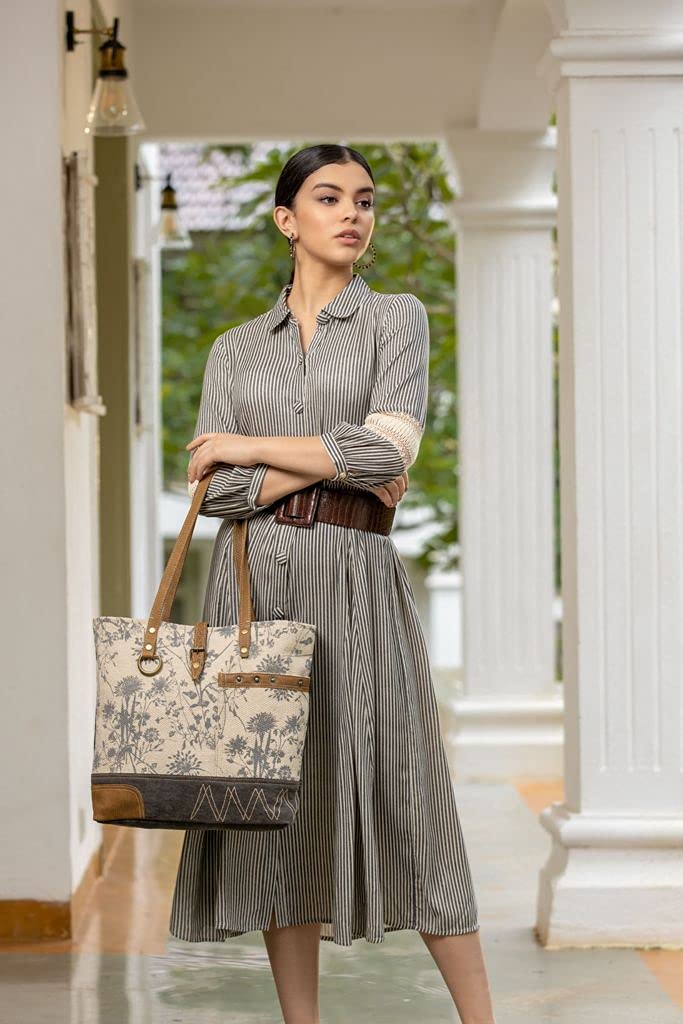 Myra Bag Dream Catcher Tote Bag - Upcycled Canvas, Rug & Leather Handbag (Style S-2539) | Boho Chic Purse for Women, Beach Bag, Festival Accessory & Everyday Carry