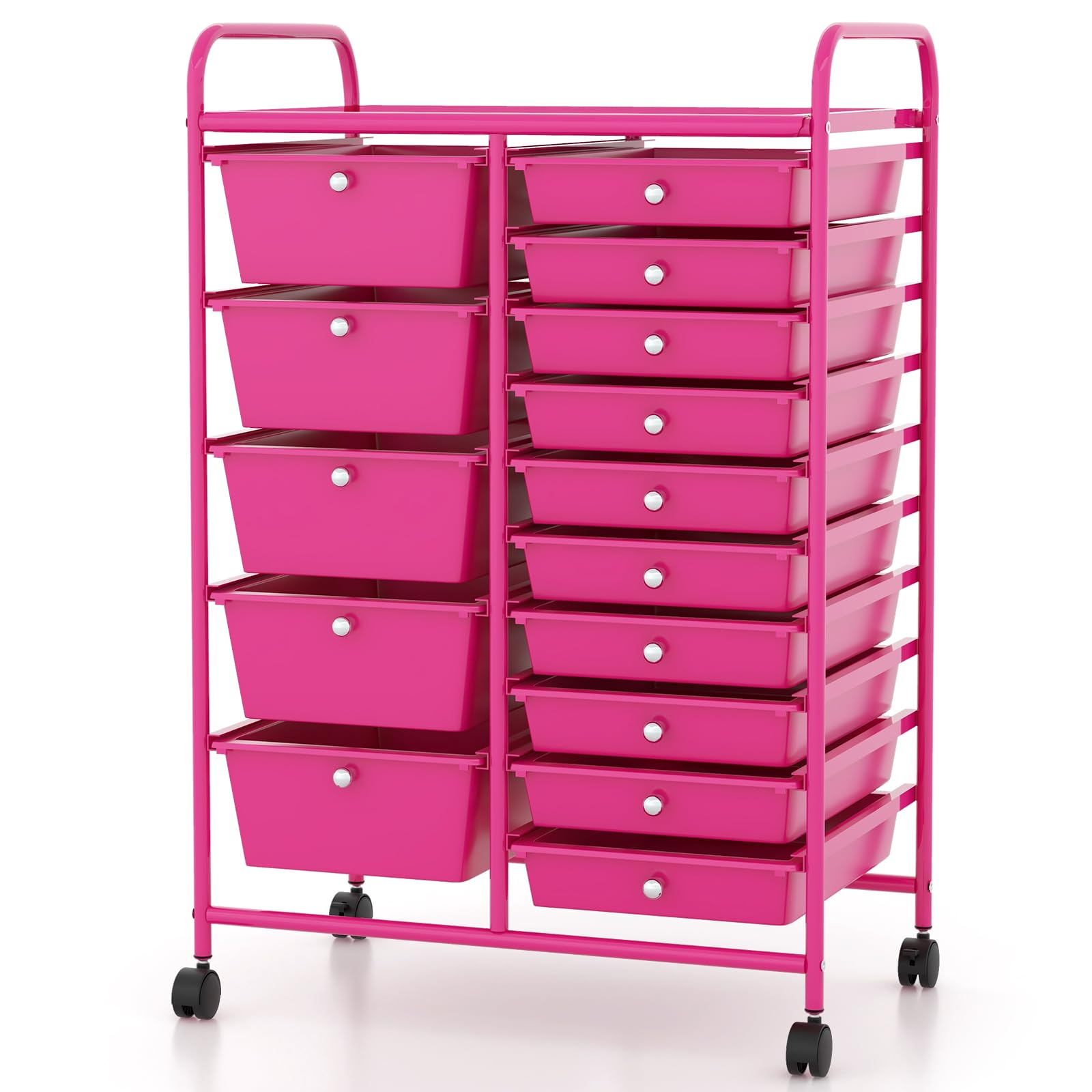15-Drawer Rolling Storage Cart with Lockable Wheels - Multipurpose Craft Organizer for Tools, Arts, Scrapbooking, Papers - Perfect for Home, Office & School Use (Hot Pink) - Ideal for Craft Rooms, Classrooms & Workspaces