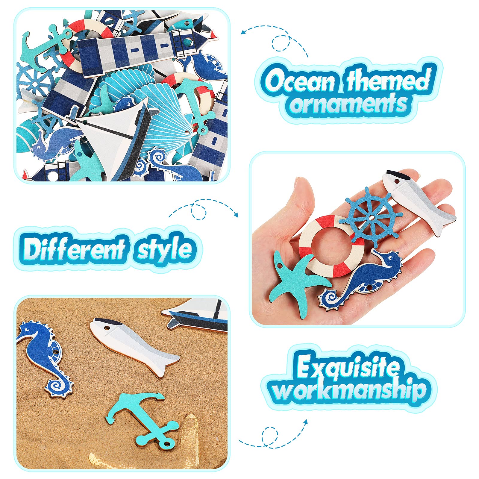 40-Piece Coastal Cruise Ship Miniature Beach Themed Wooden Decor Set - Anchors, Steering Wheels, Lighthouses, Starfish, Seashells, Seahorses & Sailboats - Perfect for Home Wall Decor, Crafts, Beach House & Nautical Themed Rooms