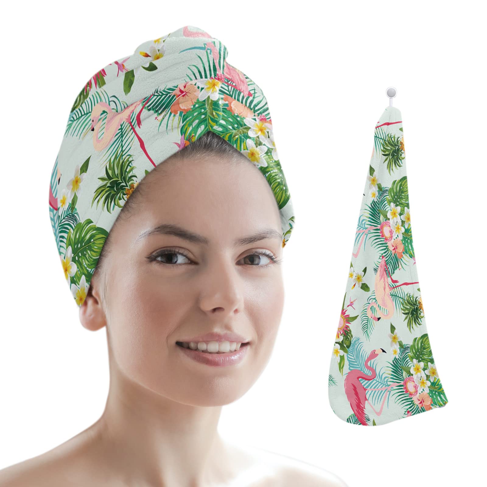 Quick Drying Hair Towel Wrap for Women - Super Absorbent Microfiber Hair Turban with Flamingo & Tropical Print - Perfect for Long Hair Care After Shower, Swimming or Spa Days