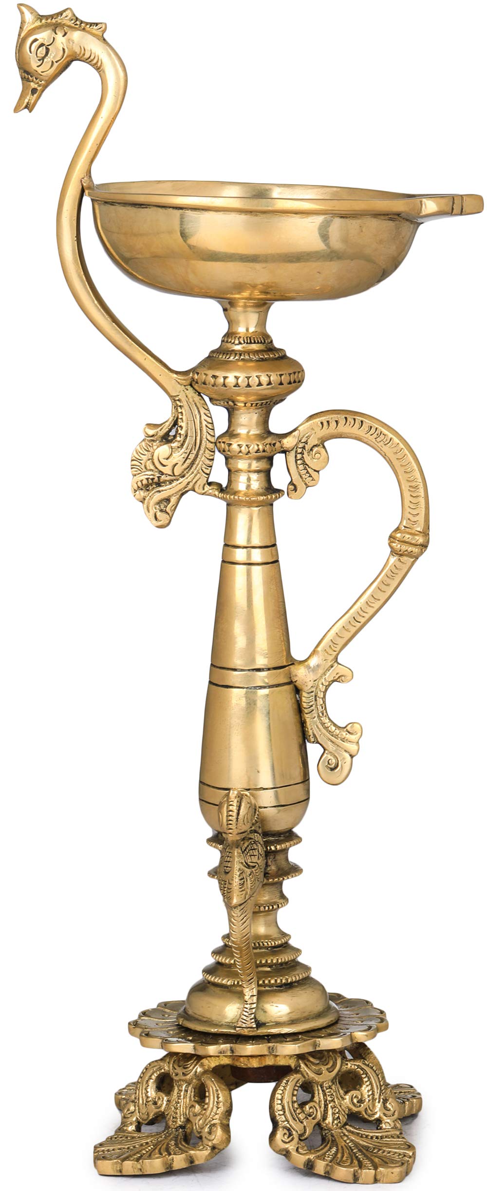 Exotic India Peacock and Parrots Ritual Lamp - Handmade Yellow Brass Diya for Hindu Puja, Wedding, Festival Decor & Home Meditation Altar