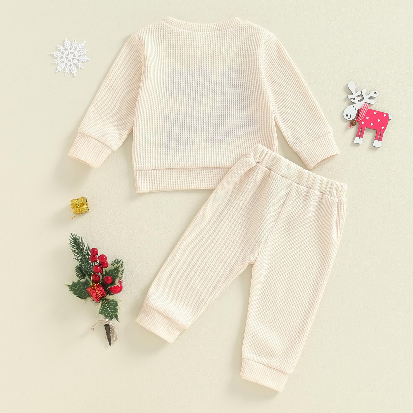 MBMSHEGH Baby Boy & Girl Christmas Waffle Outfit Set - Letter Embroidery Long Sleeve Sweatshirt with Elastic Waist Pants (2-Piece) | Holiday Family Photos & Winter Party Outfit