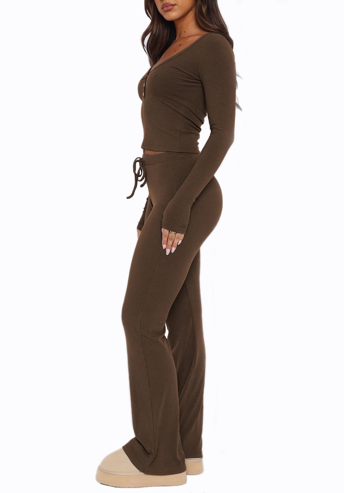 Women's 2-Piece Lounge Set - Long Sleeve crop top & V-neck flare pants - Y2K Casual Outfit for Fall - Cozy Home Wear, Loungewear & Street Style Fashion