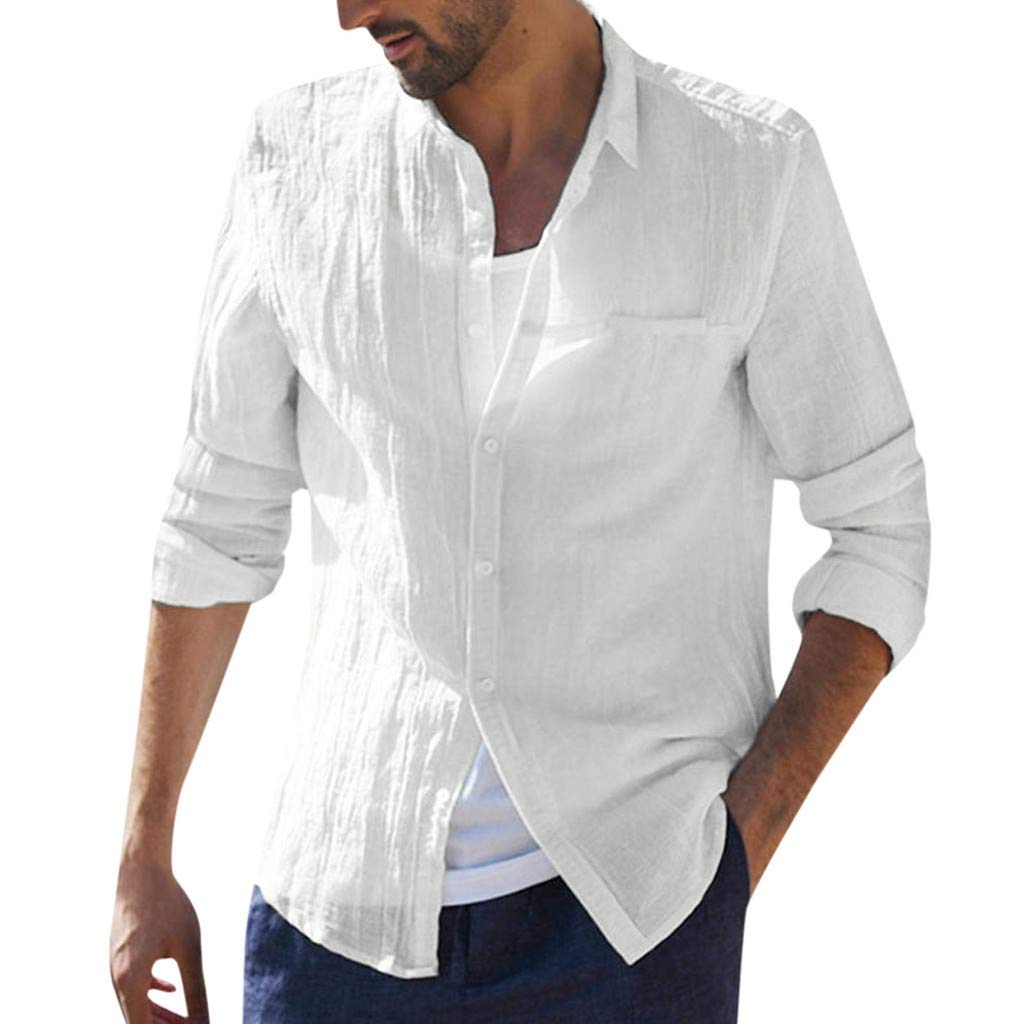 Men's Retro Stretch Banded Dress Shirts - Long Sleeve Button Down Cotton Linen Blouse - Comfortable Baggy Fit Solid Color Tops for Business Casual & Office Wear