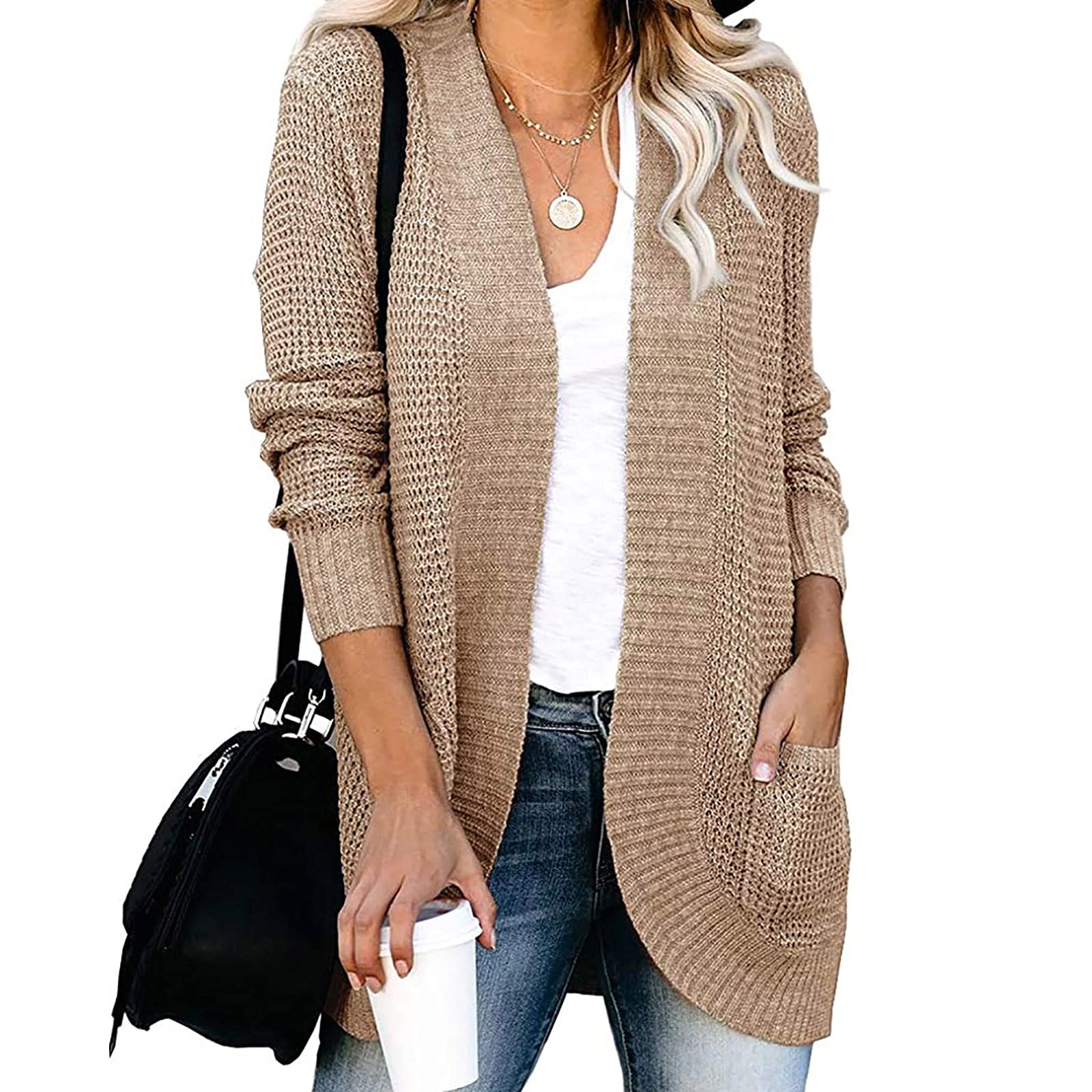 Women's Chunky Open Front Cardigan - Long Sleeve Loose Fit Knit Draped Sweater Waffle Knitted Long Cardigan Outwear for Casual Wear, Office & Fall Layering