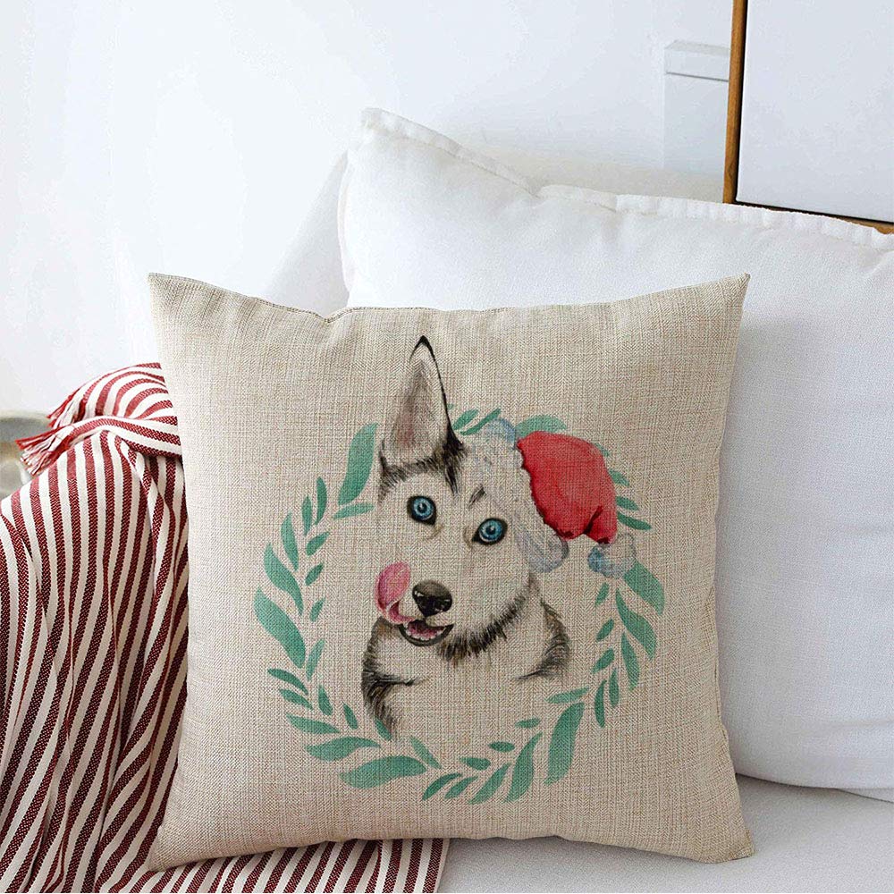 Husky Dog Pillow Cover 16x16 Inch - Christmas Pet Linen Cushion for Couch, Bed & Car