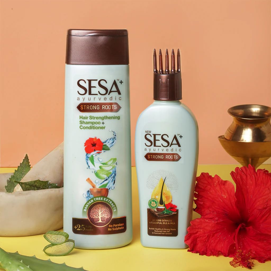 SESA Ayurvedic Strong Roots Hair Shampoo & Conditioner Set - 200ml Paraben & Sulfate Free for Men & Women - Strengthens Hair Roots, Nourishes Scalp - Perfect for Daily Hair Care & Scalp Treatment