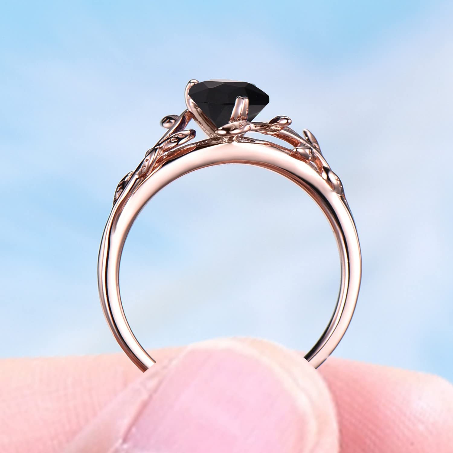 925 Sterling Silver Vintage Leaf Engagement Ring with Natural Pear Cut Black Onyx Stone – Elegant Wedding Band & Birthday Gift for Her | Perfect for Proposals, Anniversaries, and Special Occasions
