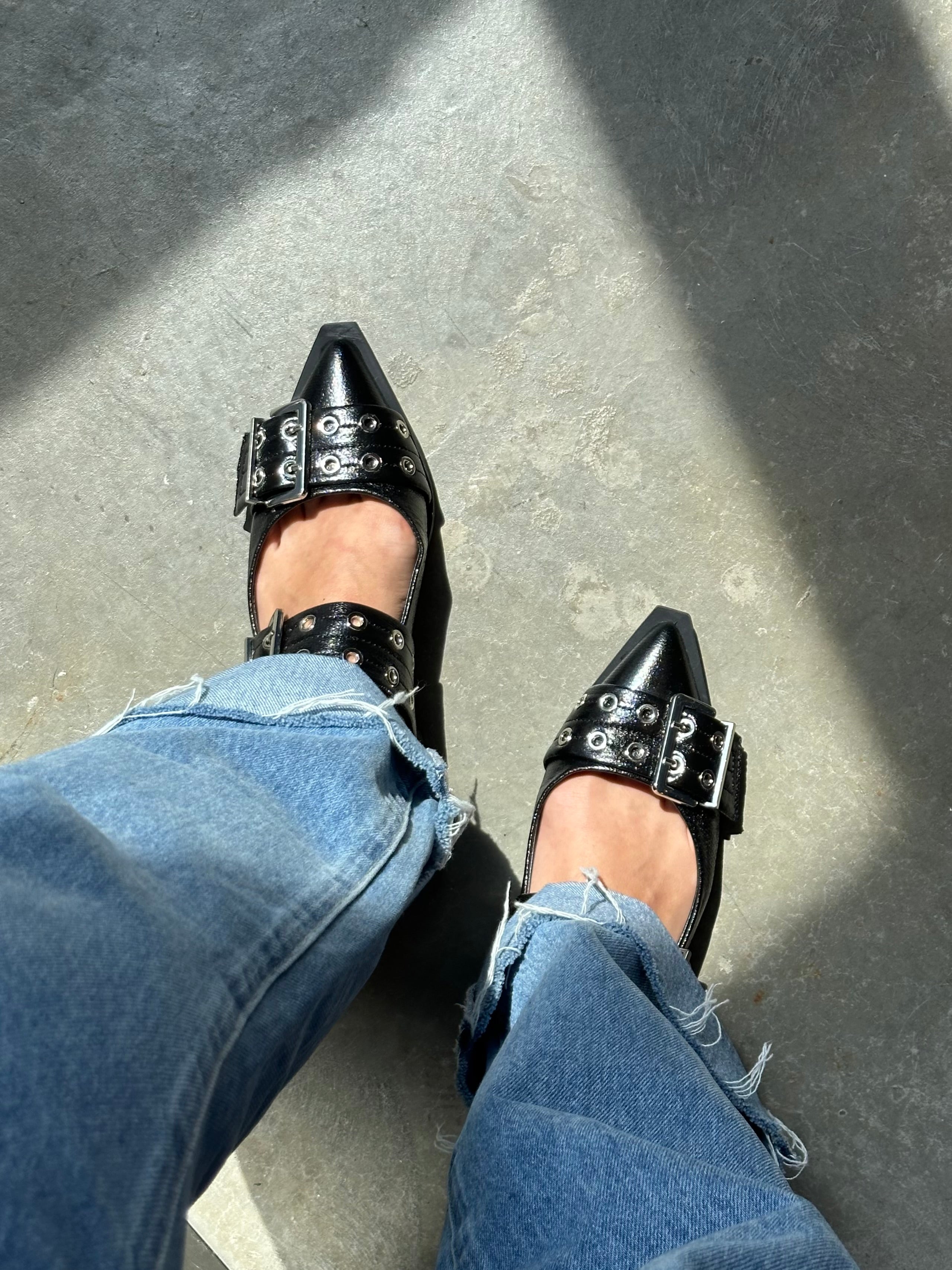 Clea Slingback Buckle Flats - Black Crinkle Leather Comfortable Women's Shoes for Work, Office & Casual Wear