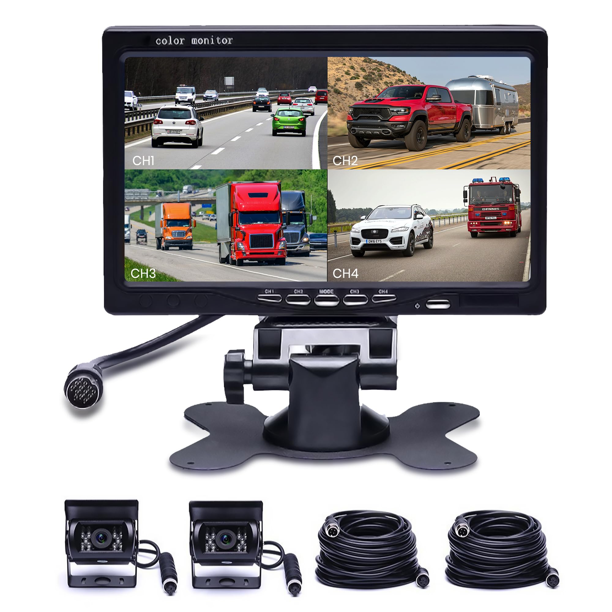 7 Inch Truck Backup Camera with 4 Split Screen - Front & Rear View Camera, 18 IR Night Vision, Waterproof, 12V/24V Compatible for Trucks, RV, Trailer, Bus - Perfect for Safe Parking & Night Driving