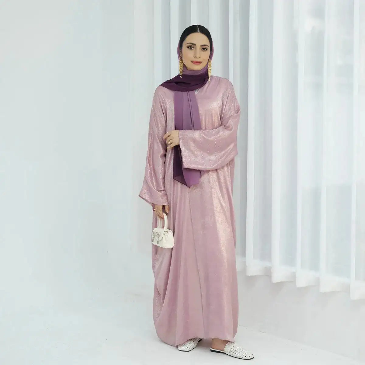 Shiny Beaded Cardigan Open Abaya Dress - Elegant Muslim Women's Cover-Up for Weddings, Parties & Special Occasions