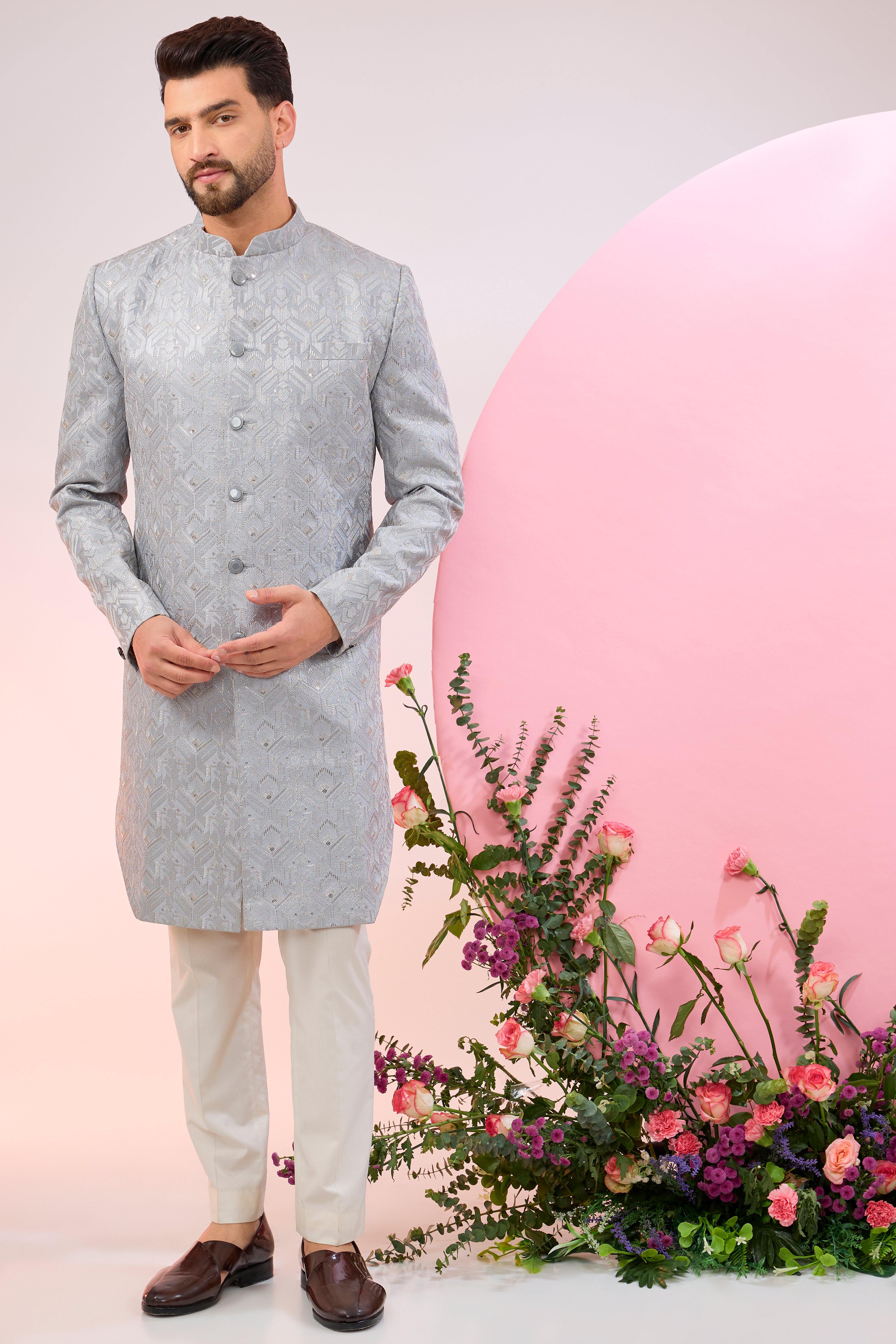 Powder Blue Royal Cut Indo-Western Dress - Elegant Fusion Outfit for Parties, Weddings & Festive Occasions