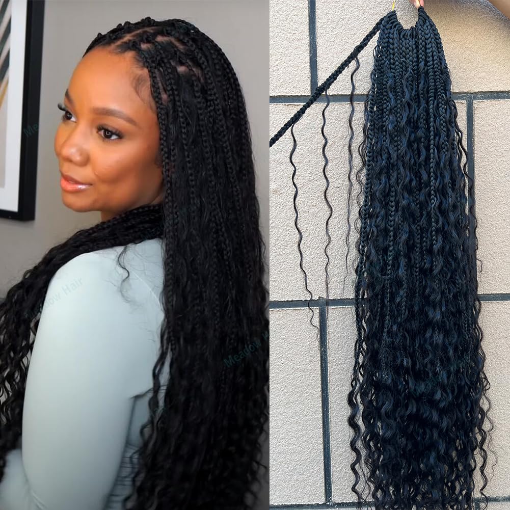 24Inch 80 Strands Crochet Boho Box Braids with Human Hair Curls - Pre-Looped Synthetic Hair Box Braids with Deep Wave Ends for Black Women | Perfect for Protective Styling, Everyday Wear & Special Occasions