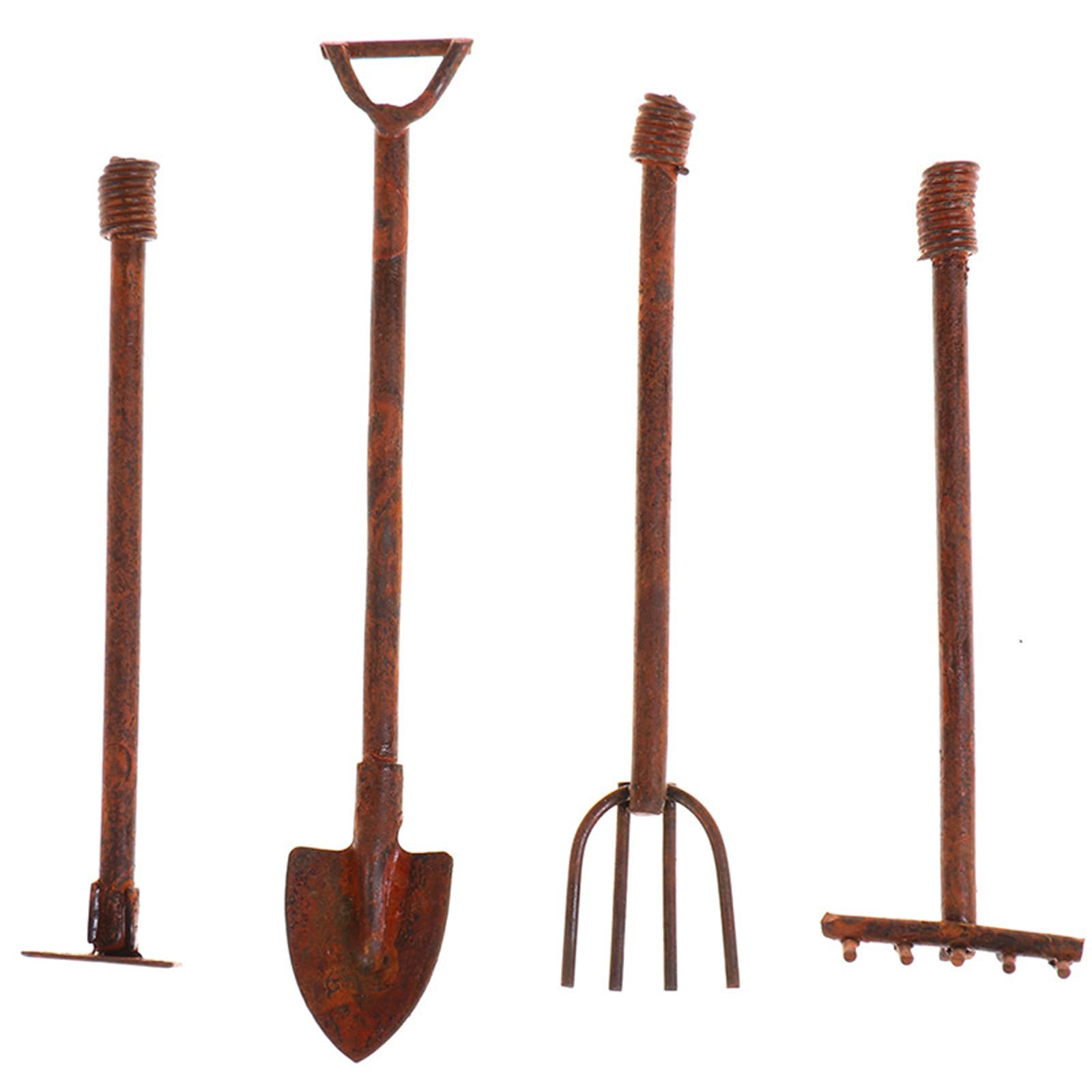1:12 Scale Miniature Dollhouse Garden Tools Set - 4Pcs Mini Shovels, Rake & Pitchfork for Fairy Gardens, DIY Miniature Scenes & Dollhouse Accessories - Perfect for Fairy Garden Decor, Miniature Landscaping & Creative Crafts