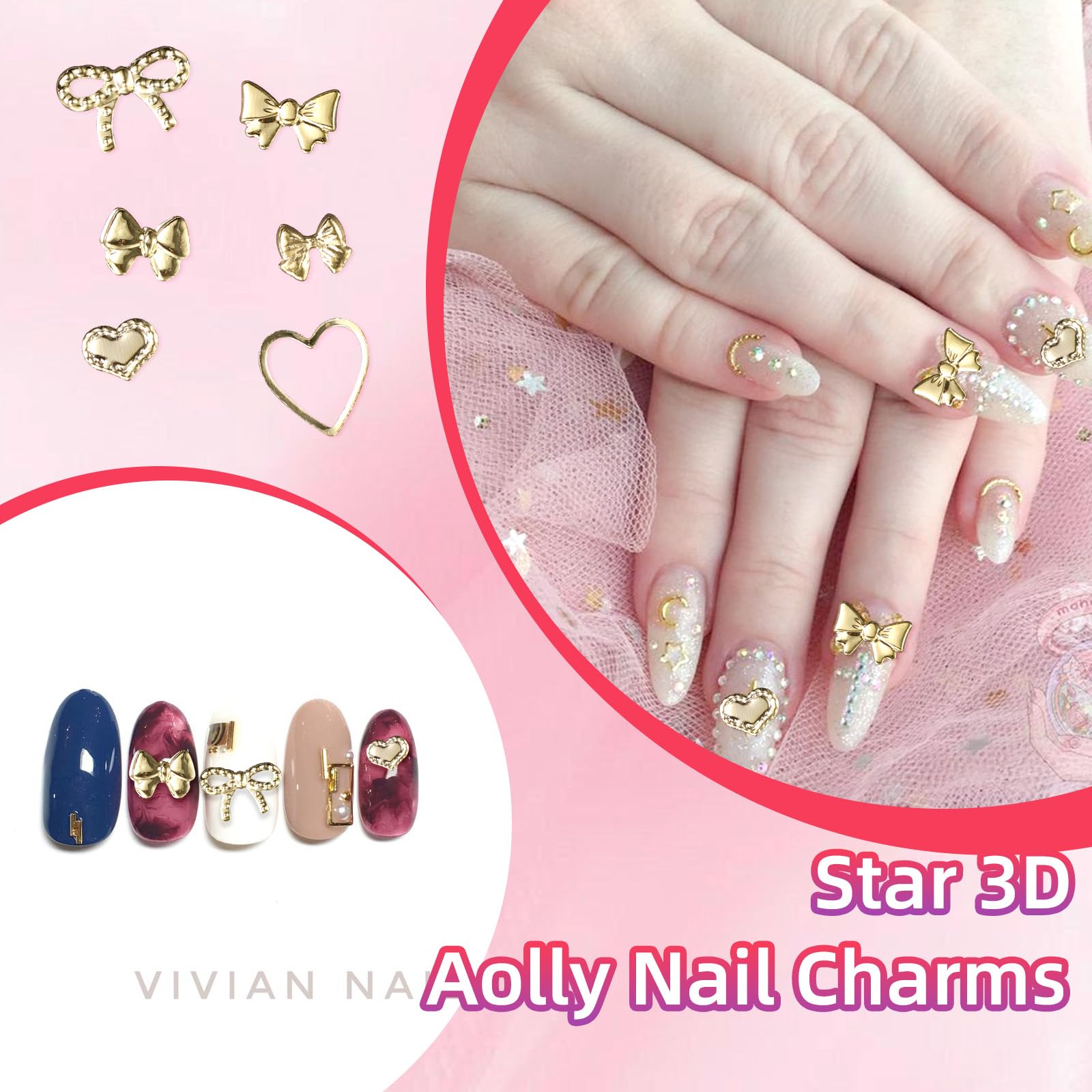 Gold Silver Bow & Heart Nail Charms - Hollow Bowknot Metal Rivet Nail Art Studs for DIY Decoration - Perfect for Nail Art, Manicures, and Creative Nail Designs (100pcs)