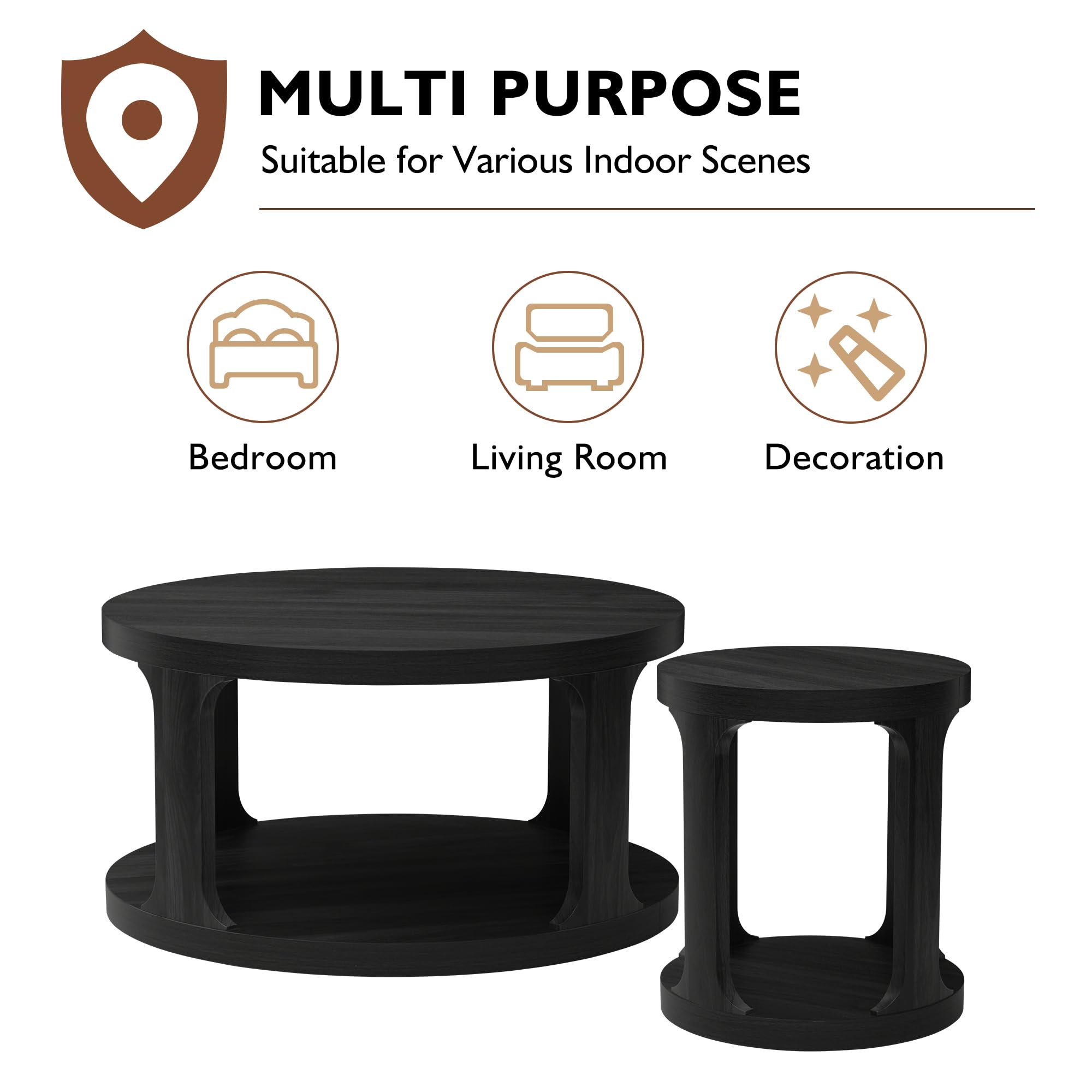 2-Piece Round Coffee Table and End Table Set with 2-Tier Storage - Modern Accent Side Tables for Living Room, Bedroom or Office (Black) - Perfect for Small Spaces & Home Decor