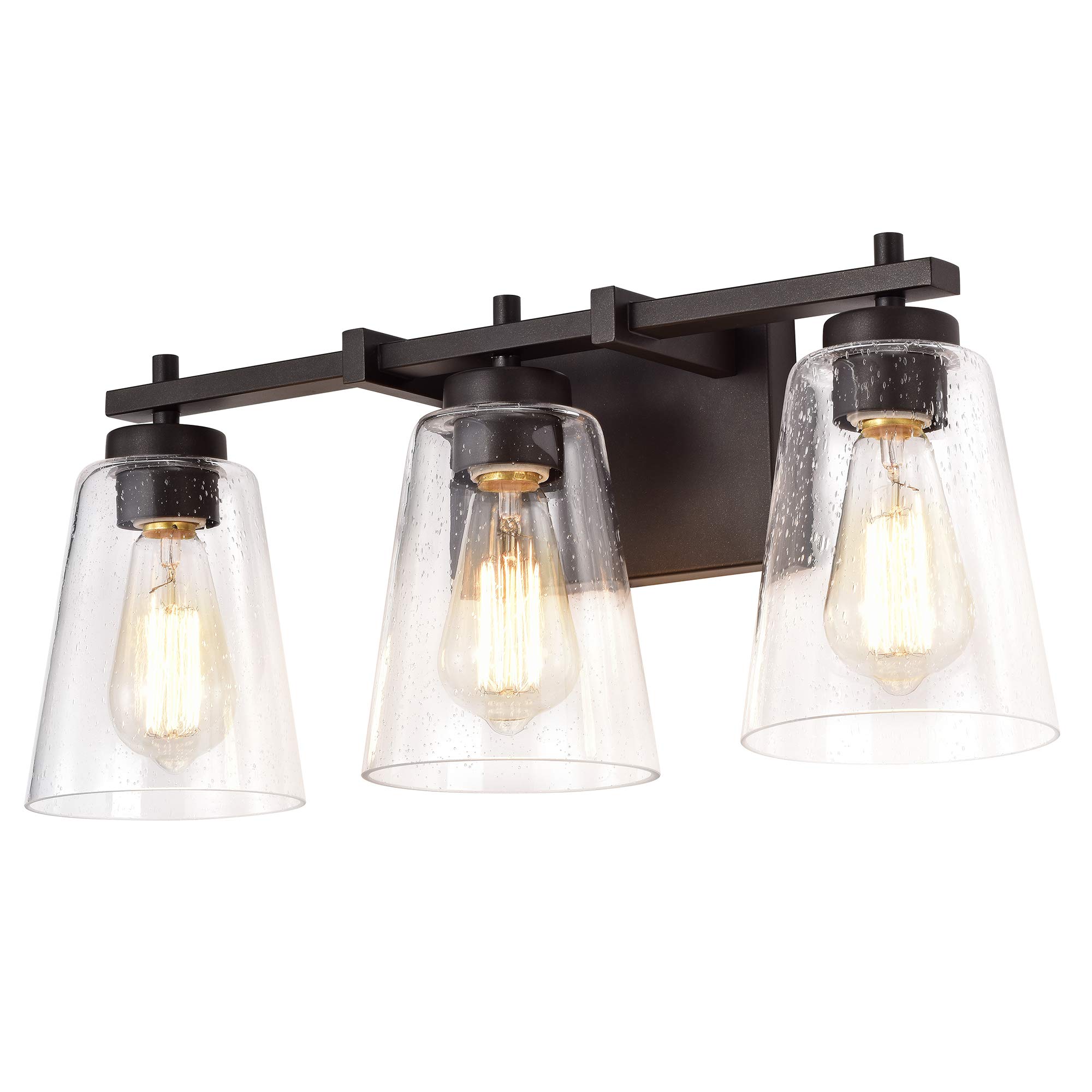 Industrial 3-Light Bathroom Vanity Light Fixture with Clear Seeded Glass Shade - Oil Rubbed Bronze Finish for Modern Farmhouse & Rustic Bathroom Decor