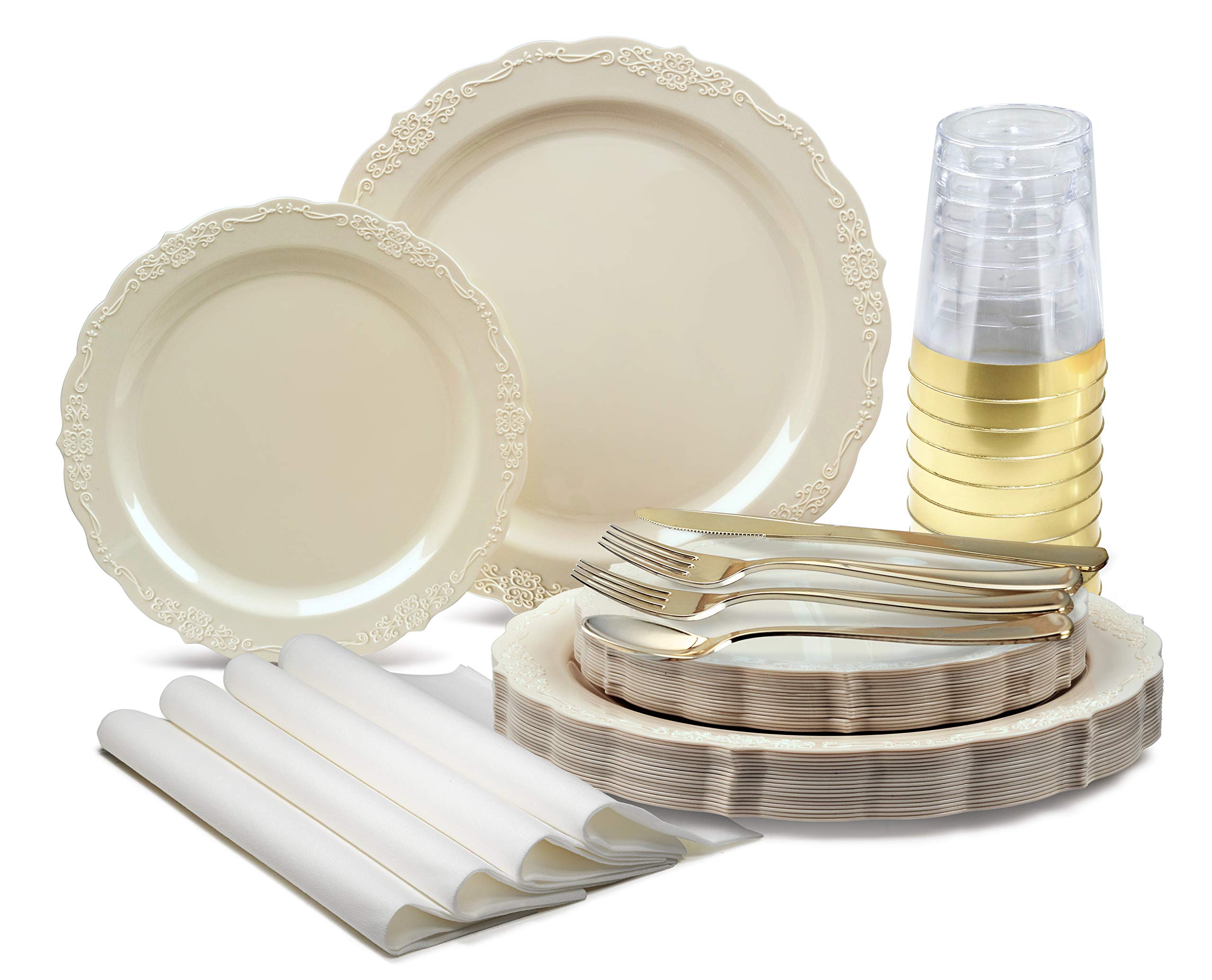 960-Piece Vintage Wedding Party Disposable Plastic Plates & Cutlery Set (120 Guests) - 10'' & 7.5'' Plates, Silverware, Cups, Napkins - Verona Plain Ivory - Perfect for Weddings, Bridal Showers, Anniversaries & Formal Events