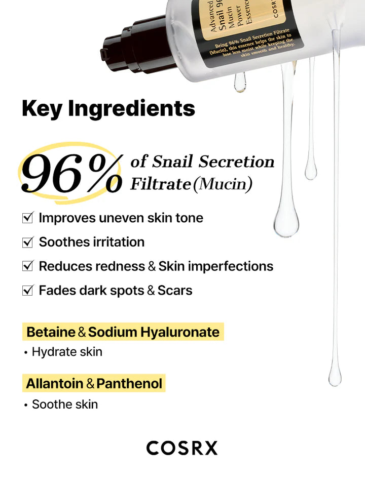 COSRX Advanced Snail 96 Mucin Power Essence 100ml - Korean Skincare for Hydration & Anti-Aging - Perfect for Dry Skin & Nighttime Routine