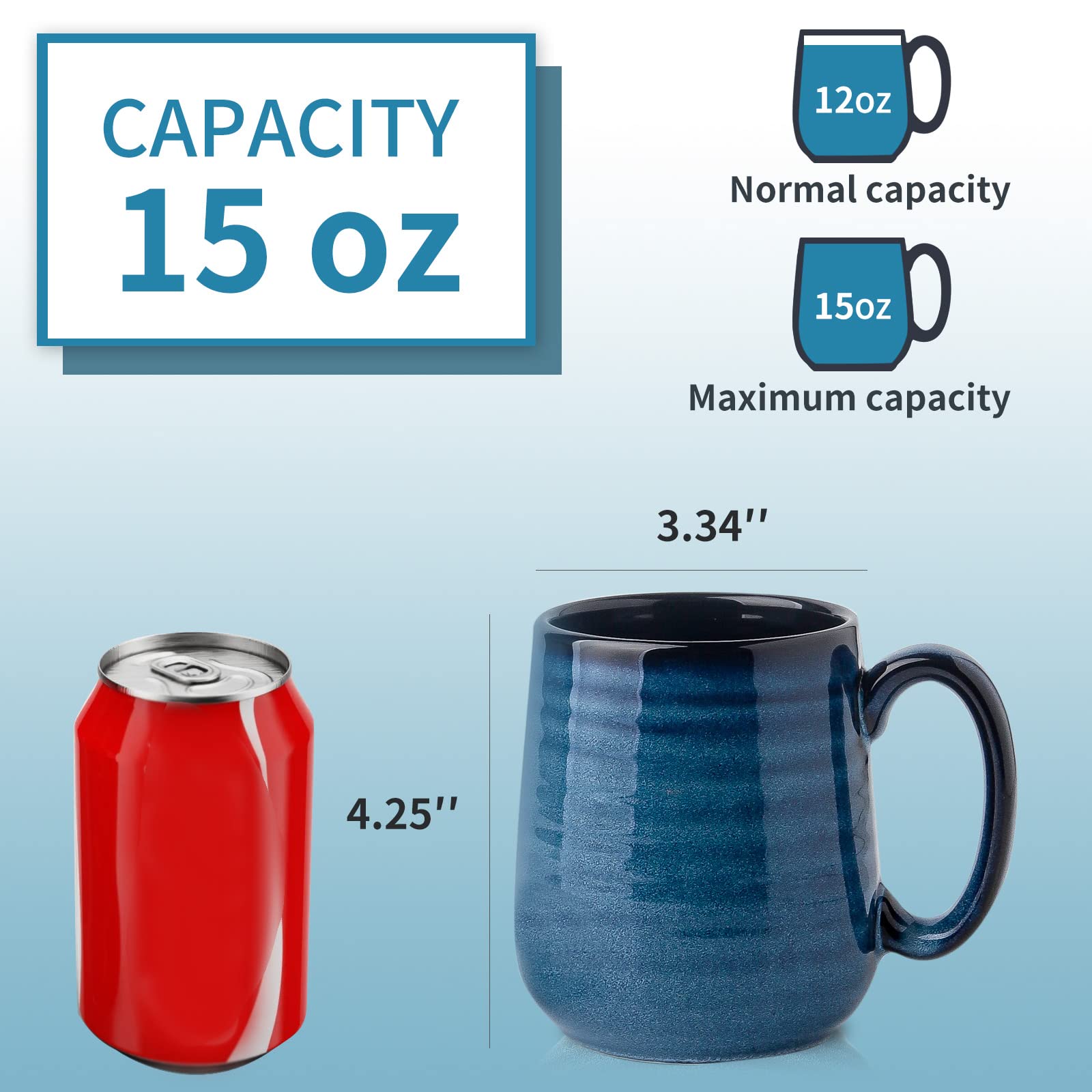 Hasense 12oz Ceramic Coffee Mugs Set of 6 - Blue Handled Tea Cups for Coffee, Tea & Cocoa - Dishwasher & Microwave Safe - Perfect for Home, Office & Gifts