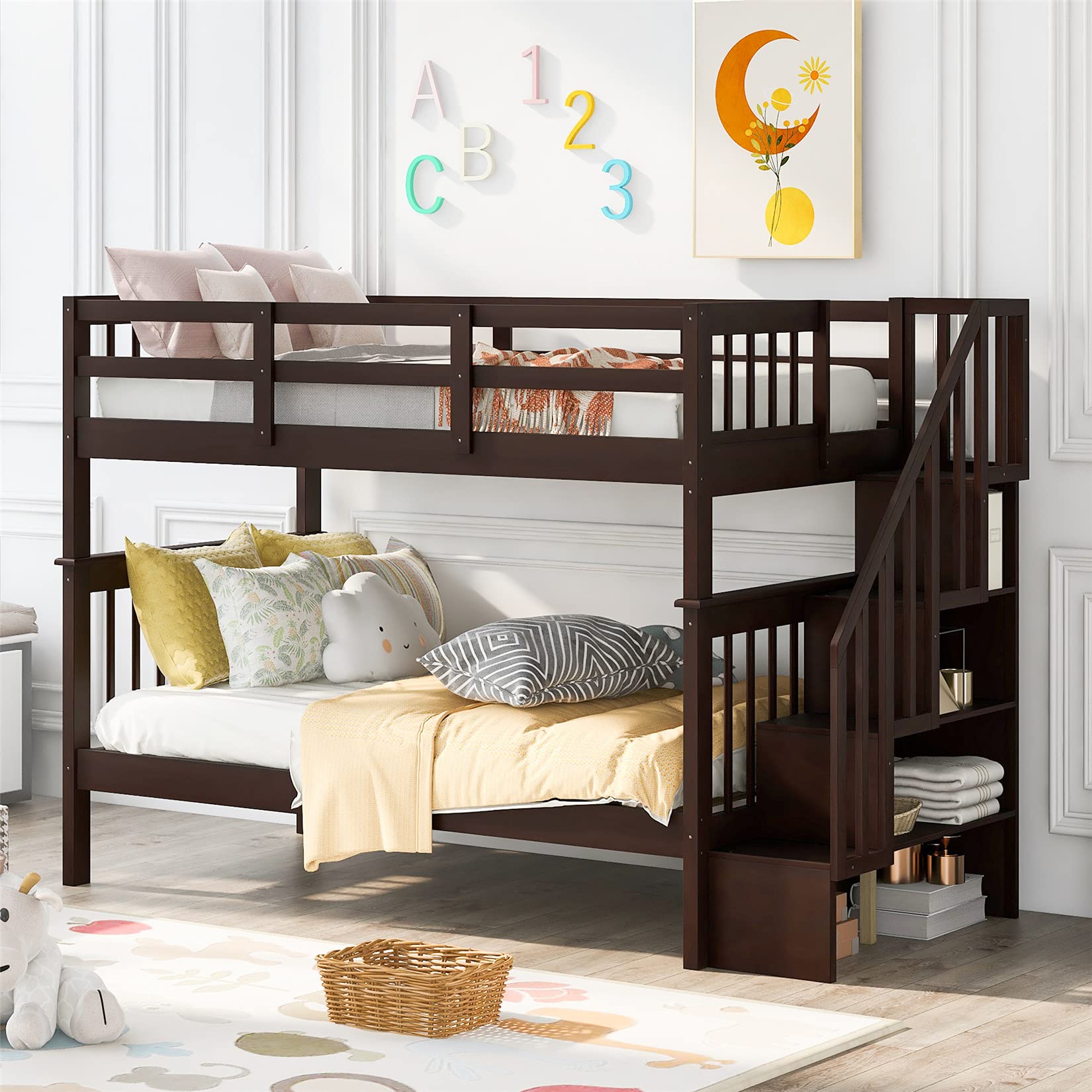 Twin Over Twin Bunk Bed with Storage Shelves - Wooden Stairway Bunk Bed for Kids, Teens, Boys & Girls - Convertible to 2 Separate Beds - Espresso Finish - Perfect for Small Bedrooms, Shared Kids Rooms & Space-Saving Solutions