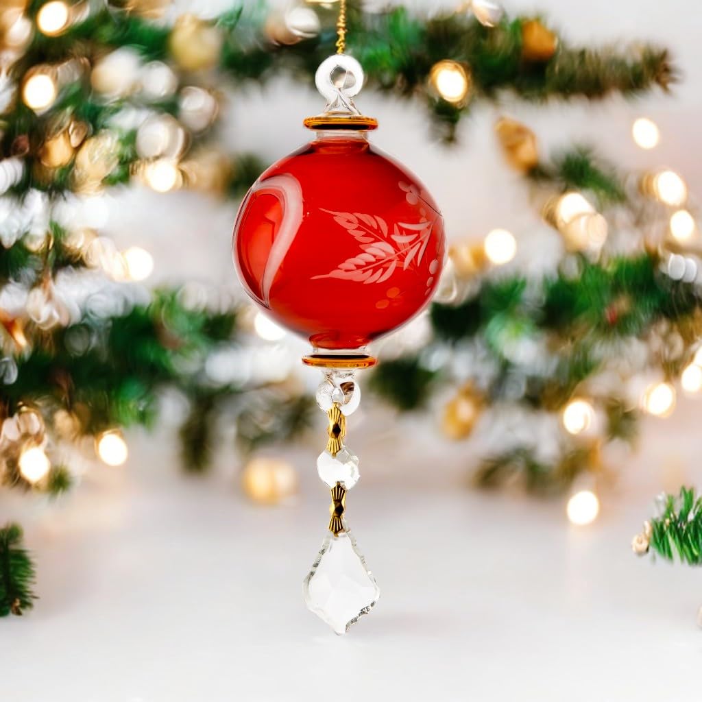 Handmade Blown Glass Christmas Ornaments - Red Glass Ball with Gold Accents & Crystal Drop - Engraved Holiday Decor for Christmas Tree - Perfect for Home Decor, New Year Gifts & Winter Wedding Decorations