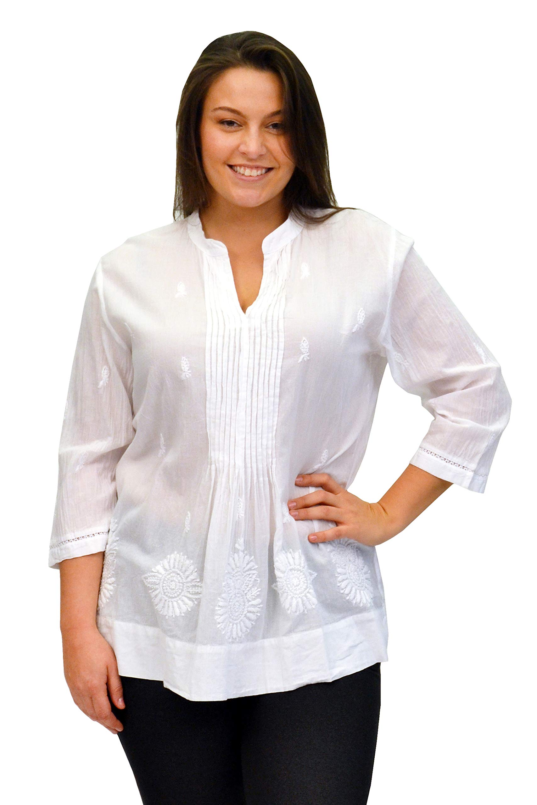 LA CERA Women's Hand-Embroidered Plus Size Tunic Top - Boho Chic Floral Embroidered Blouse for Casual Wear, Vacation & Special Occasions