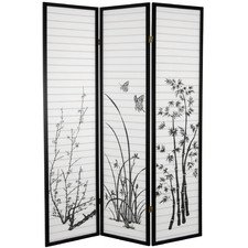 ORE International Black 4-Panel Bamboo Floral Room Divider Screen - Elegant Privacy Partition for Home, Office & Studio Decor - Perfect for Creating Separate Spaces in Living Rooms, Bedrooms or Workspaces