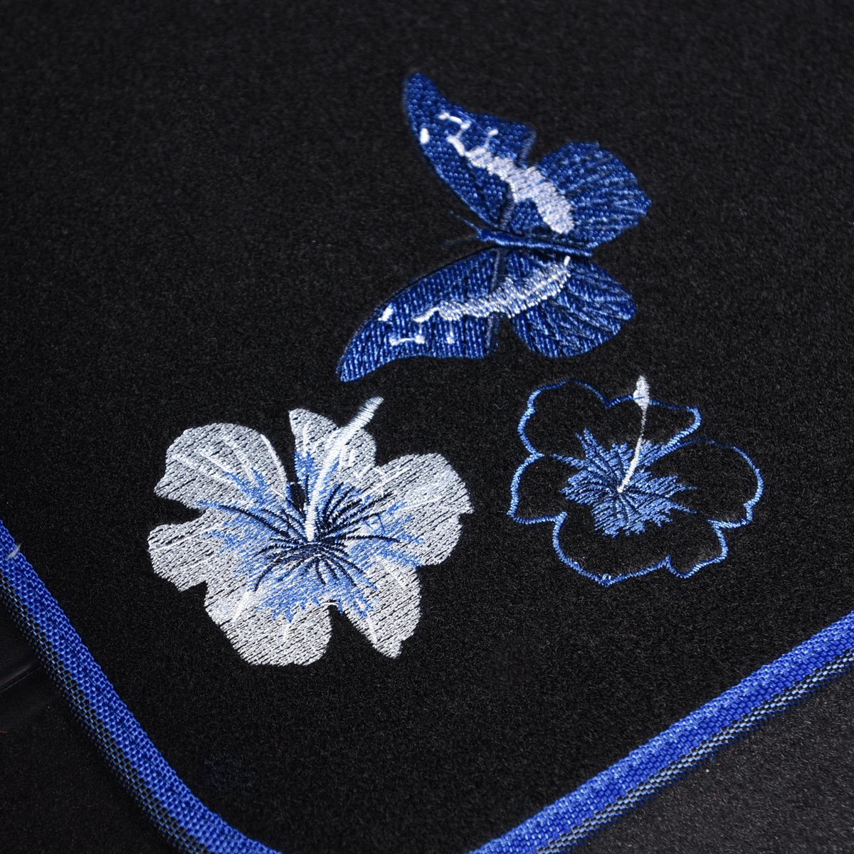 Butterfly and Flower Embroidered Car Floor Mats - Universal Fit for 95% of Cars, SUVs, Sedans & Vans - Blue & Black Set of 4 - Women's Girly Style - Perfect for Daily Commute, Road Trips & Car Interior Decoration