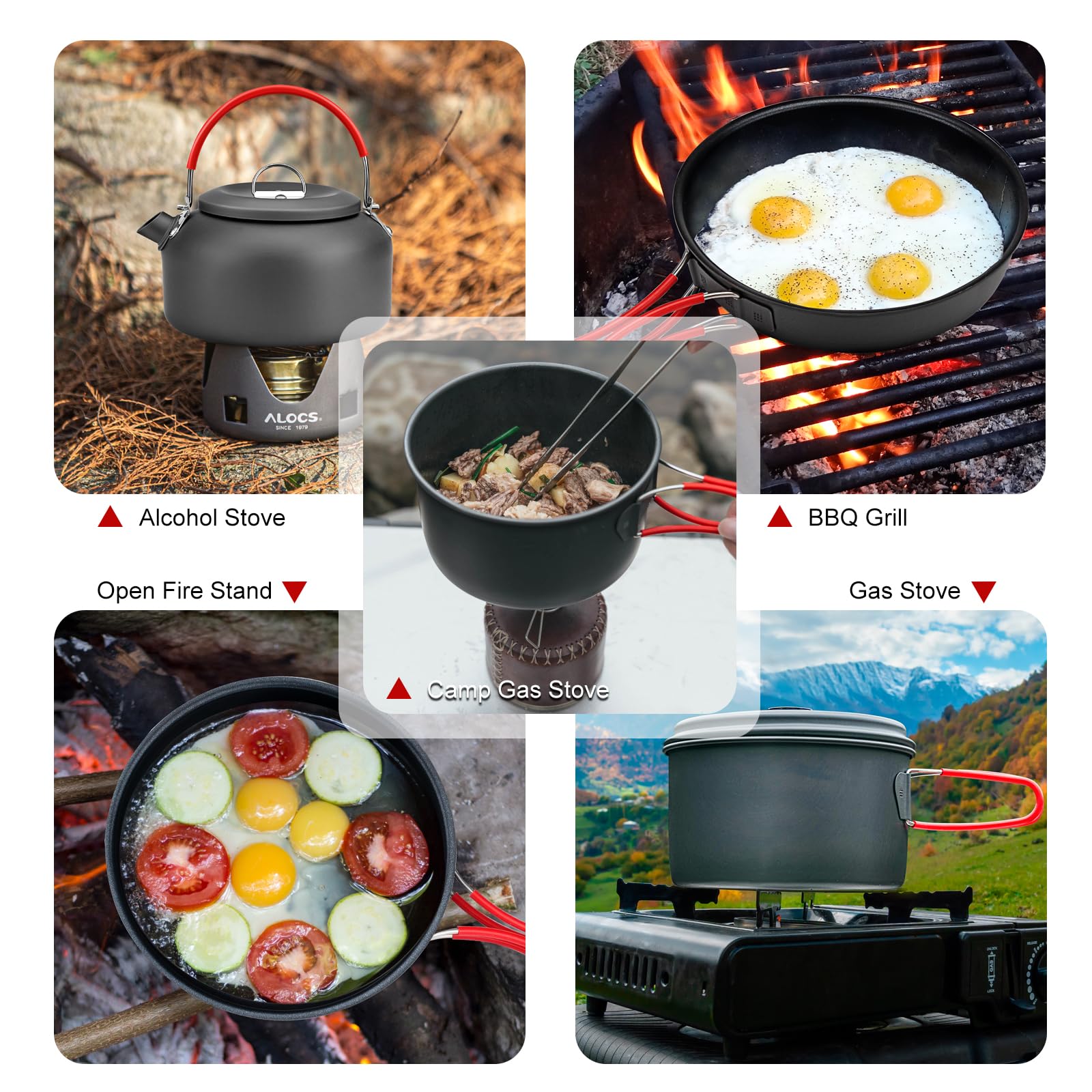**Alocs Camping Cookware Set - Lightweight & Durable Hard Alumina Outdoor Pots and Pans for Backpacking, Hiking, Picnics - Includes Mesh Carry Bag - Perfect for Camping Meals & Outdoor Adventures**