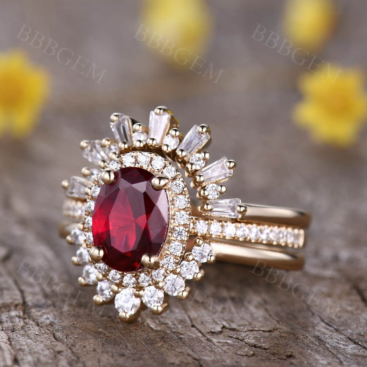 3pcs Vintage Oval Cut 1.6CT Garnet Bridal Set Diamond Wedding Band Rose Gold - Perfect for Engagement, Anniversary & Romantic Gift Giving