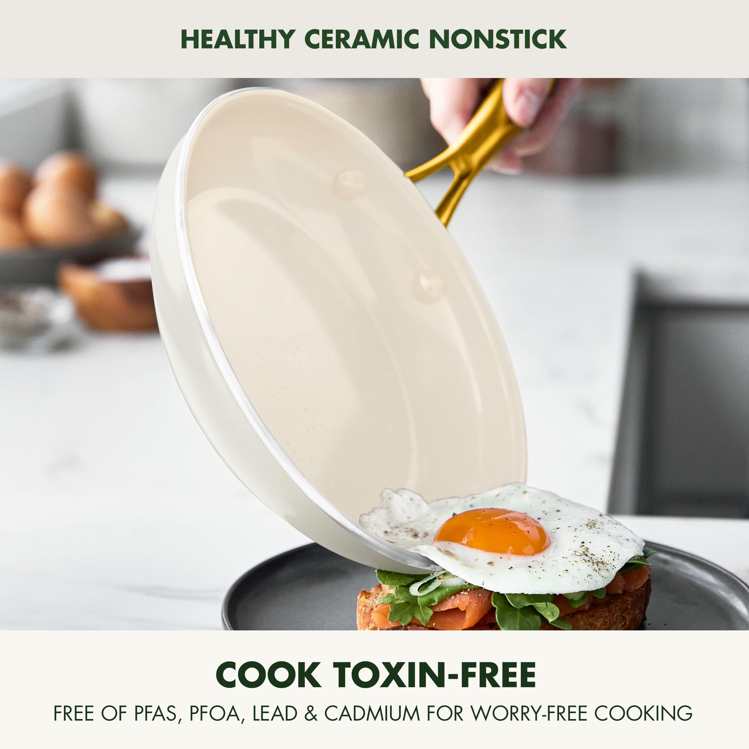 GreenPan Swift 12-Piece Nonstick Cookware Set - PFAS & PFOA-Free Ceramic Coating, Gold Stainless Steel Handles, Oven & Dishwasher Safe - Healthy Kitchen Essentials for Frying, Boiling & Baking (Cream Color)