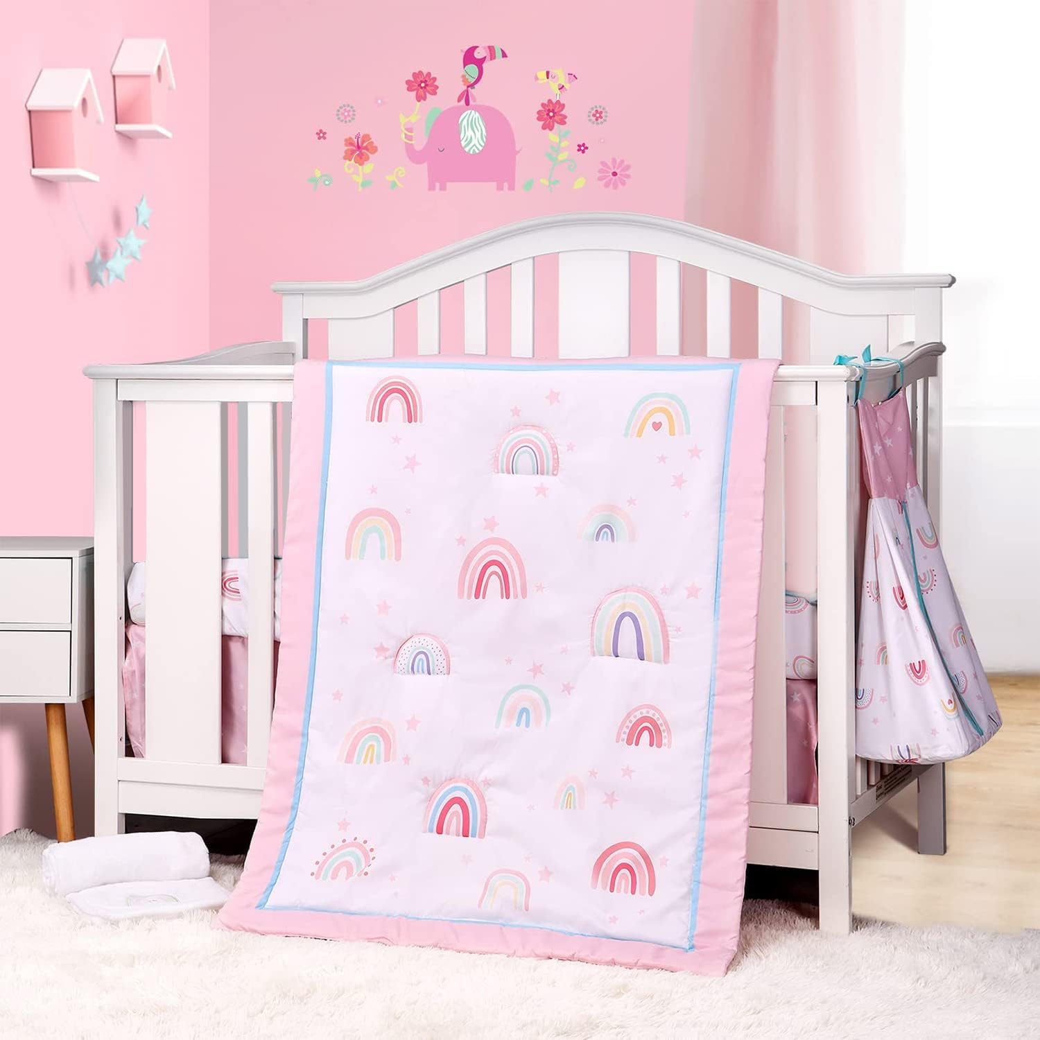 Rainbow Crib Bedding Set for Baby Girls - 5 Piece Nursery Set with Crib Quilt, Skirt, Sheet, Diaper Stacker & Blanket | Soft Pink Baby Bedding for Newborns & Toddlers | Perfect for Nursery Decor, Baby Showers & Gift Giving