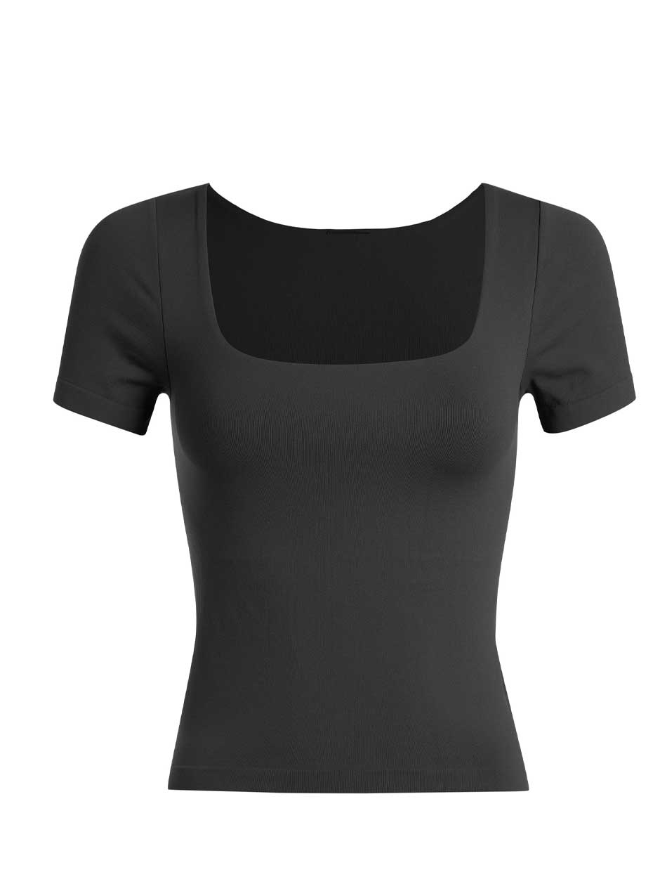 D.F. Women's Square Neck Short Sleeve Lined T-Shirt - Black | Casual Comfort Top for Everyday Wear, Work & Outings