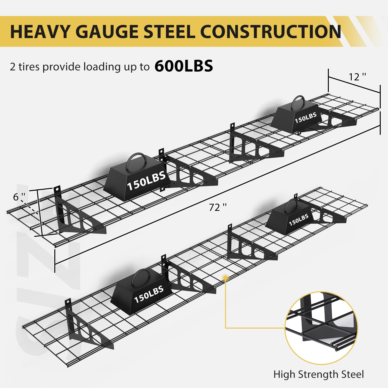 GARVEE 2 Pack 1x6ft Heavy Duty Wall Mounted Garage Shelves - 600lbs Capacity Floating Storage Rack for Garage Organization, Workshop & Home Storage - Perfect for Tools, Sports Equipment & Seasonal Items