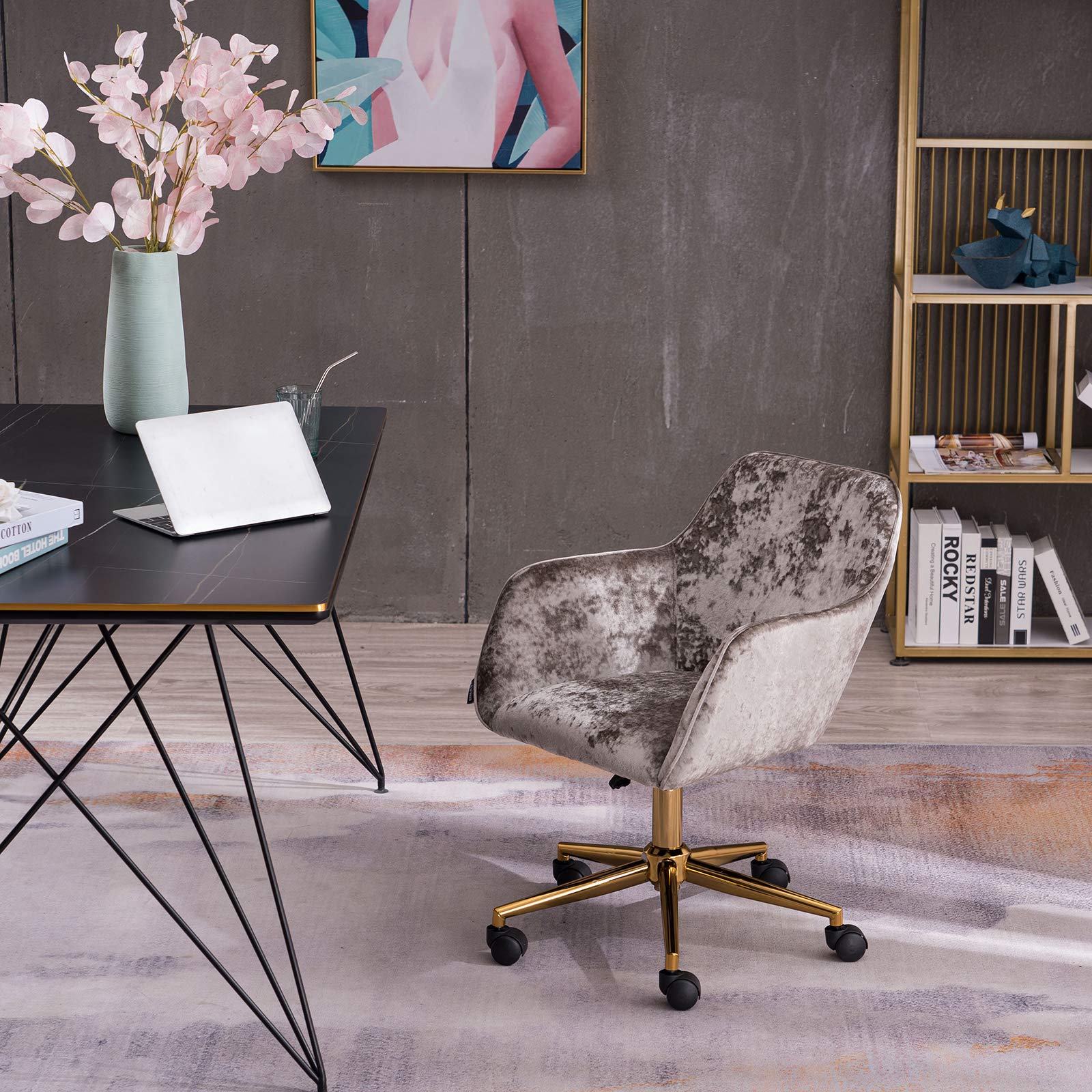 Modern Velvet Office Chair with Adjustable Height & 360° Swivel - Ergonomic Home Office Chair with Gold Metal Legs & Smooth-Rolling Casters for Indoor Use, Light Grey - Perfect for Home Office, Study, or Workspace