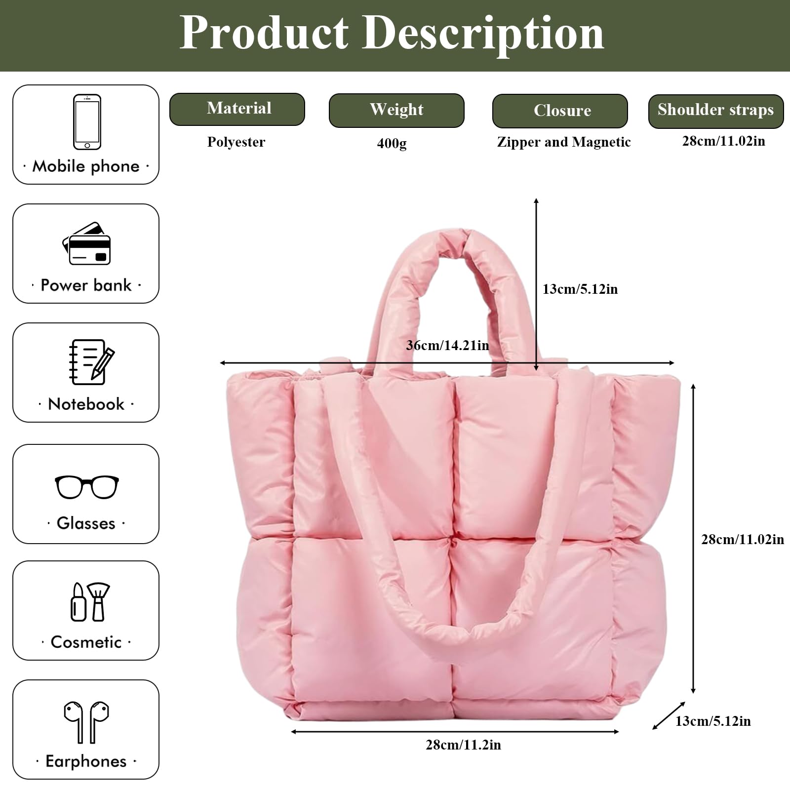 Soft Puffy Tote Bag for Women - Lightweight Winter Down Cotton Padded Quilted Shoulder Handbag Purse | Perfect for Work, Travel & Casual Outings